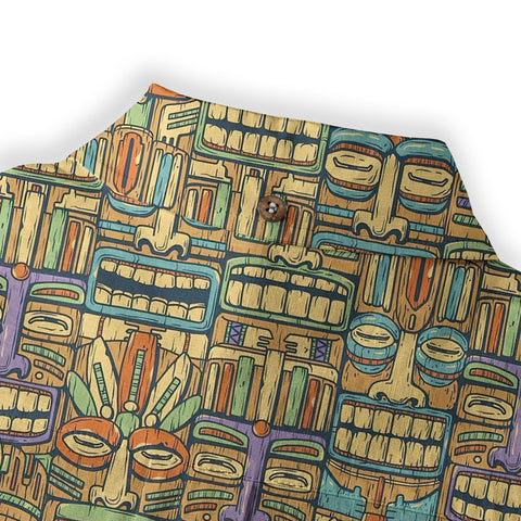 Surfing Tiki Mask Hawaiian Tropical Hawaii Button Down Long Sleeve Shirt - The Palmix