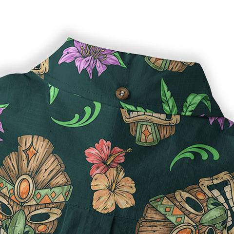 Tiki Mask Pattern Hawaiian Shirt, Aloha Floral Pattern Shirt for Summer - The Palmix