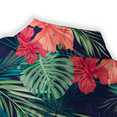 Hibiscus Floral Pattern Hawaii Shirt, Palm Leaves Summer Beach Shirt - The Palmix