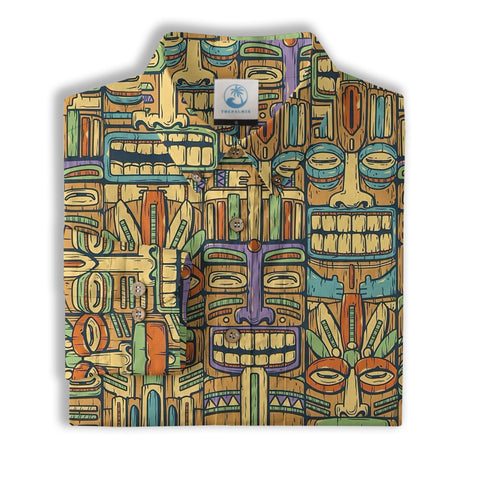 Surfing Tiki Mask Hawaiian Tropical Hawaii Button Down Long Sleeve Shirt - The Palmix