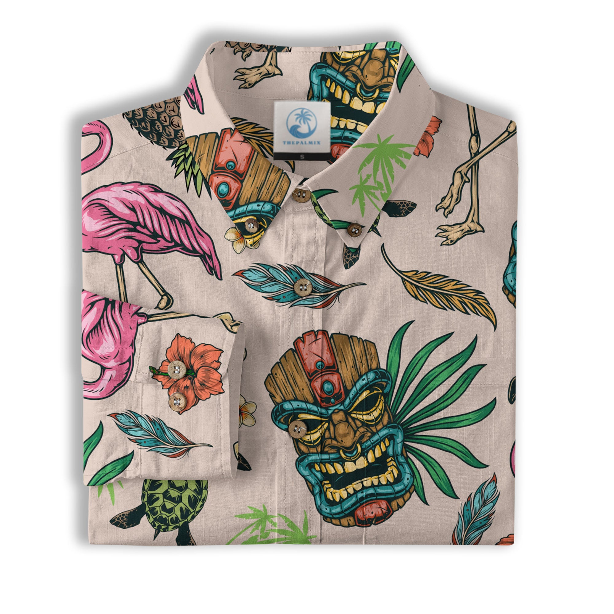 Tropical Tiki Mask Hawaiian Shirts, Flamingo Hawaii Button Down Long Sleeve Shirt - The Palmix
