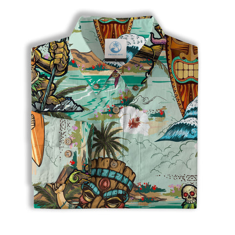 Beach Shirt Aloha Tiki Mask Hawaiian Shirt, Hawaiian Shirt Vintage Floral Long Sleeve Shirt - The Palmix