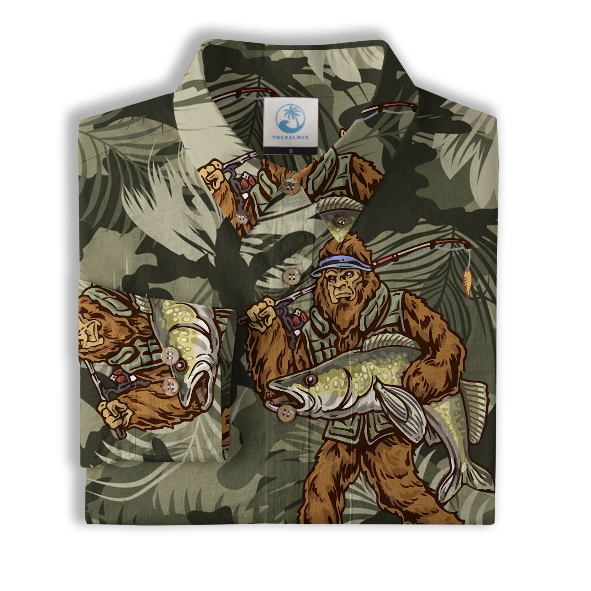 Fishing Bigfoot Hawaiian Shirt, Tropical Bigfoot Hawaiian Shirt Casual Button Down Short Sleeve Shirt - The Palmix