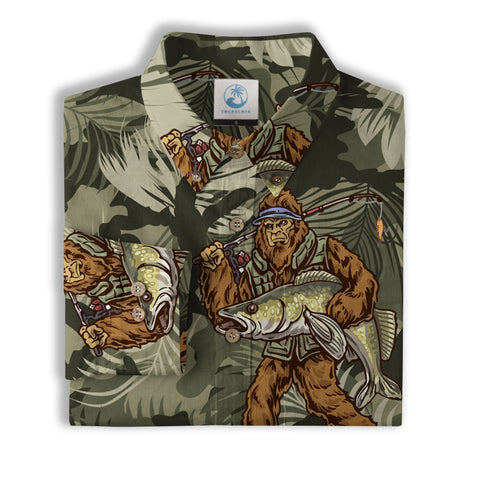 Fishing Bigfoot Hawaiian Shirt, Tropical Bigfoot Hawaiian Shirt Casual Button Down Short Sleeve Shirt - The Palmix