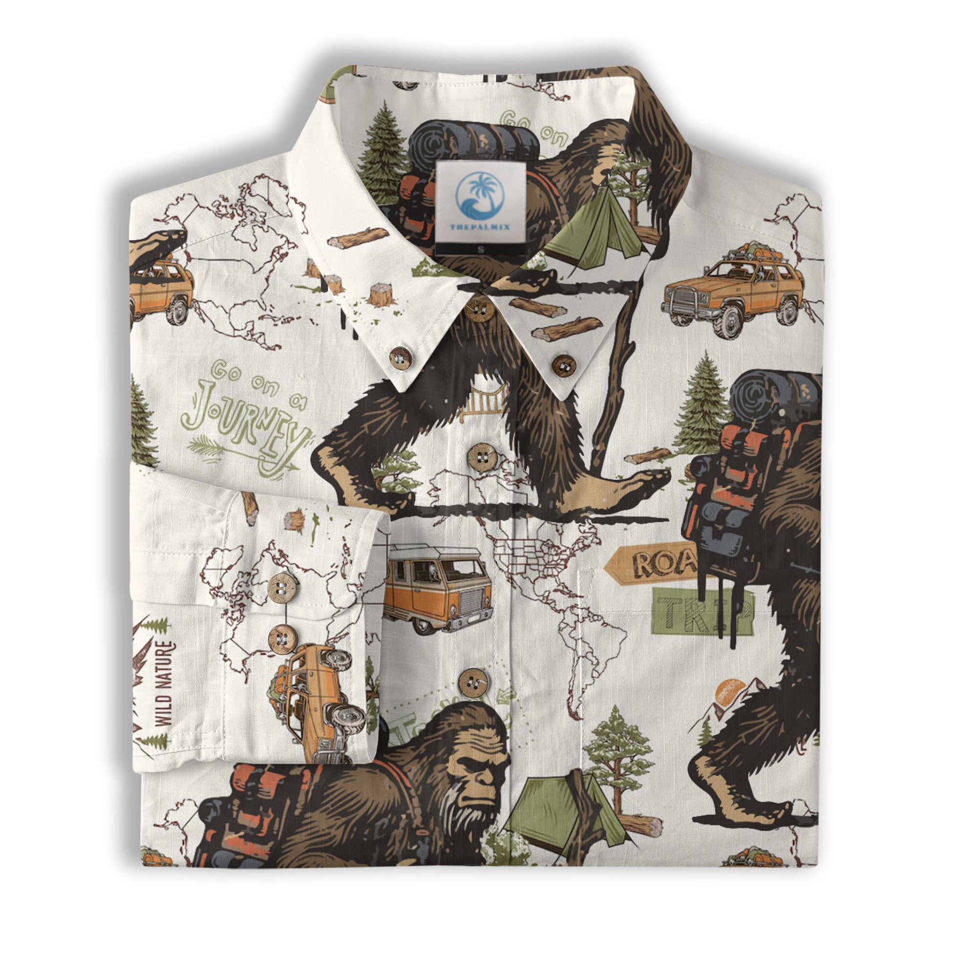 Bigfoot Hiking Hawaiian Shirts for Men, Bigfoot Hiking Pattern Button Down Short Sleeve - The Palmix