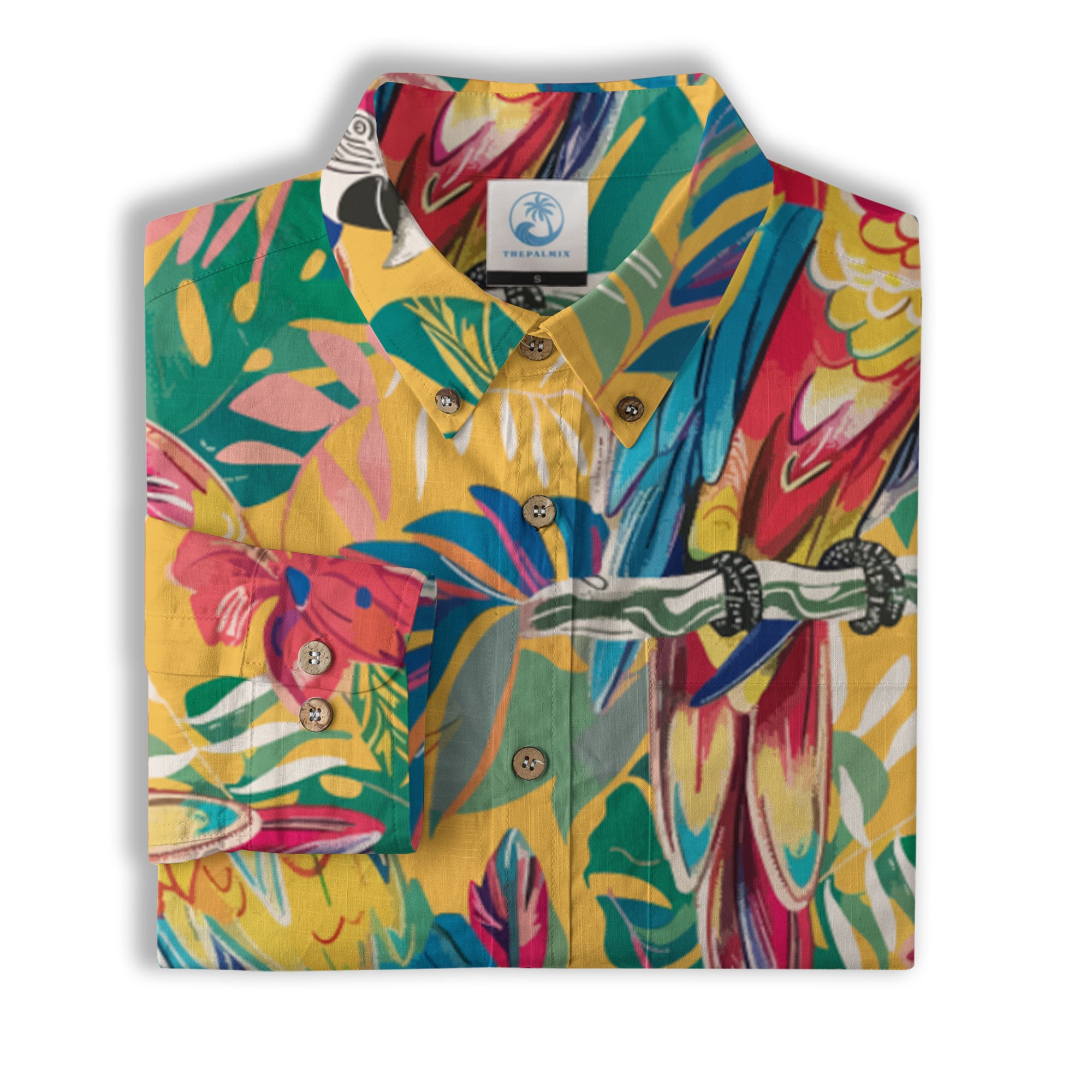 Parrot Lovers Hawaiian Long Sleeve Shirt for Men - Tropical Summer Button Down Hawaiian Shirts - The Palmix