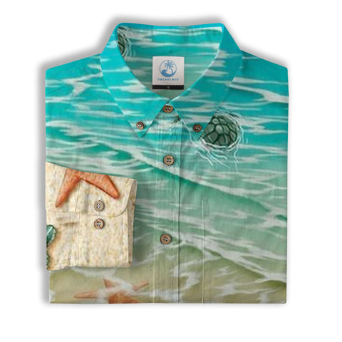 Turtle Mens Hawaiian Long Sleeve Shirt, Turtle Casual Button Down Long Sleeve - The Palmix