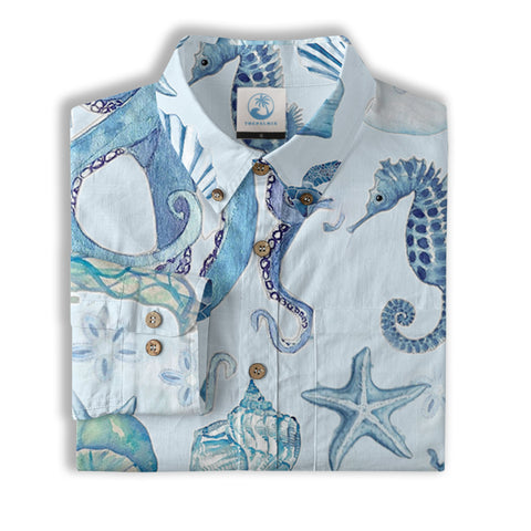 Turtle Hawaiian Long Sleeve Shirt for Men, Ocean Hawaiian Long Shirt - The Palmix