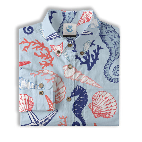 Ocean Animals Women's Hawaiian Shirt, Ocean Theme Hawaiian Print - The Palmix