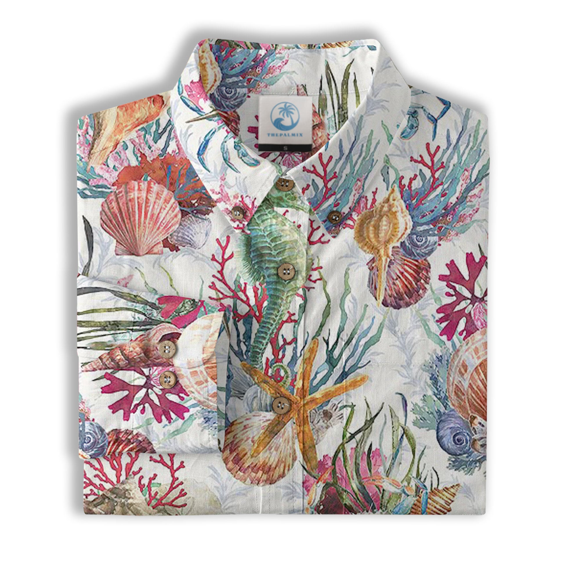 Ocean Animals Hawaiian Button Up Long Sleeve Shirt, Sea Hawaii Shirt - The Palmix