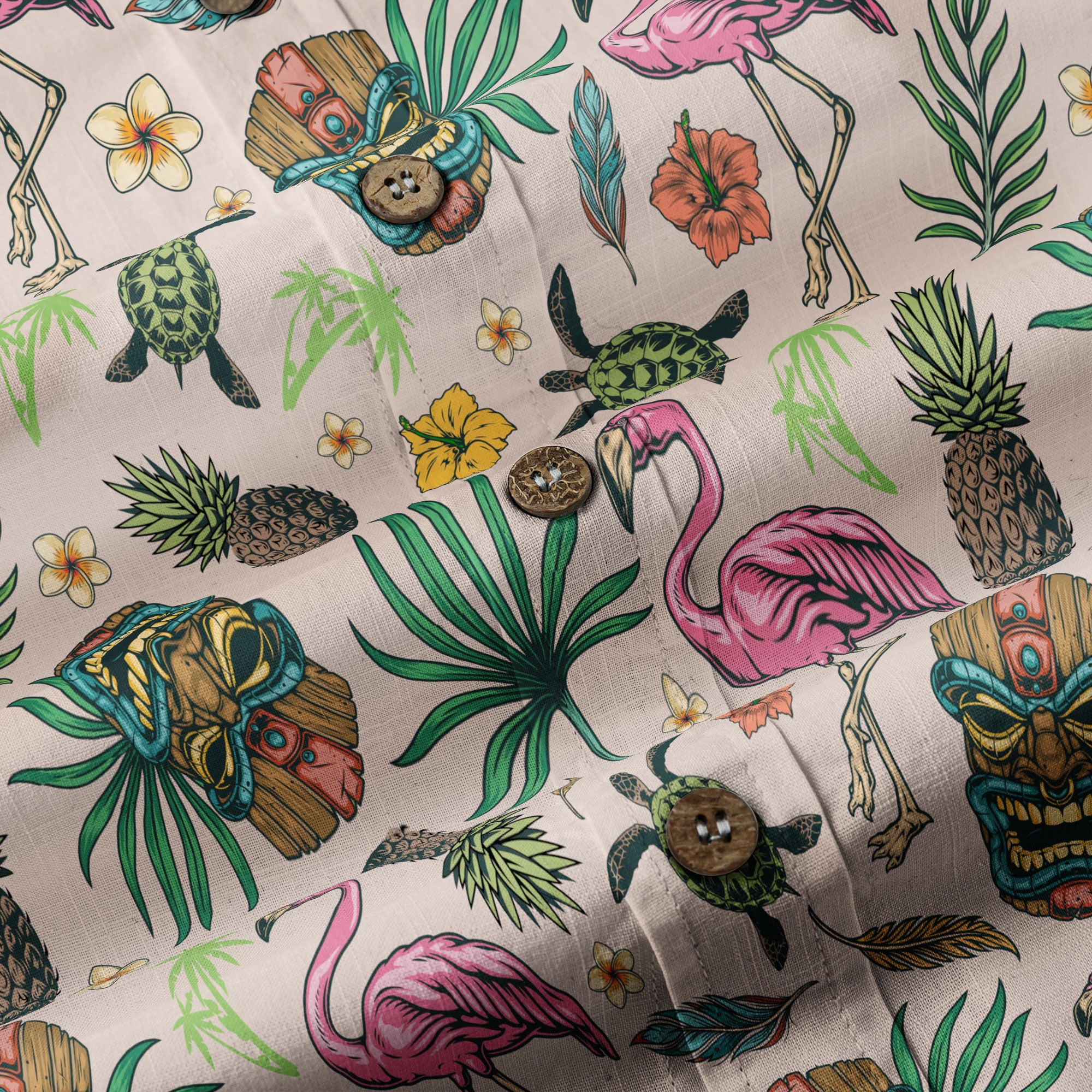 Tropical Tiki Mask Hawaiian Shirts, Flamingo Hawaii Button Down Long Sleeve Shirt - The Palmix