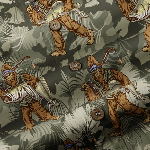 Fishing Bigfoot Hawaiian Shirt, Tropical Bigfoot Hawaiian Shirt Casual Button Down Short Sleeve Shirt - The Palmix