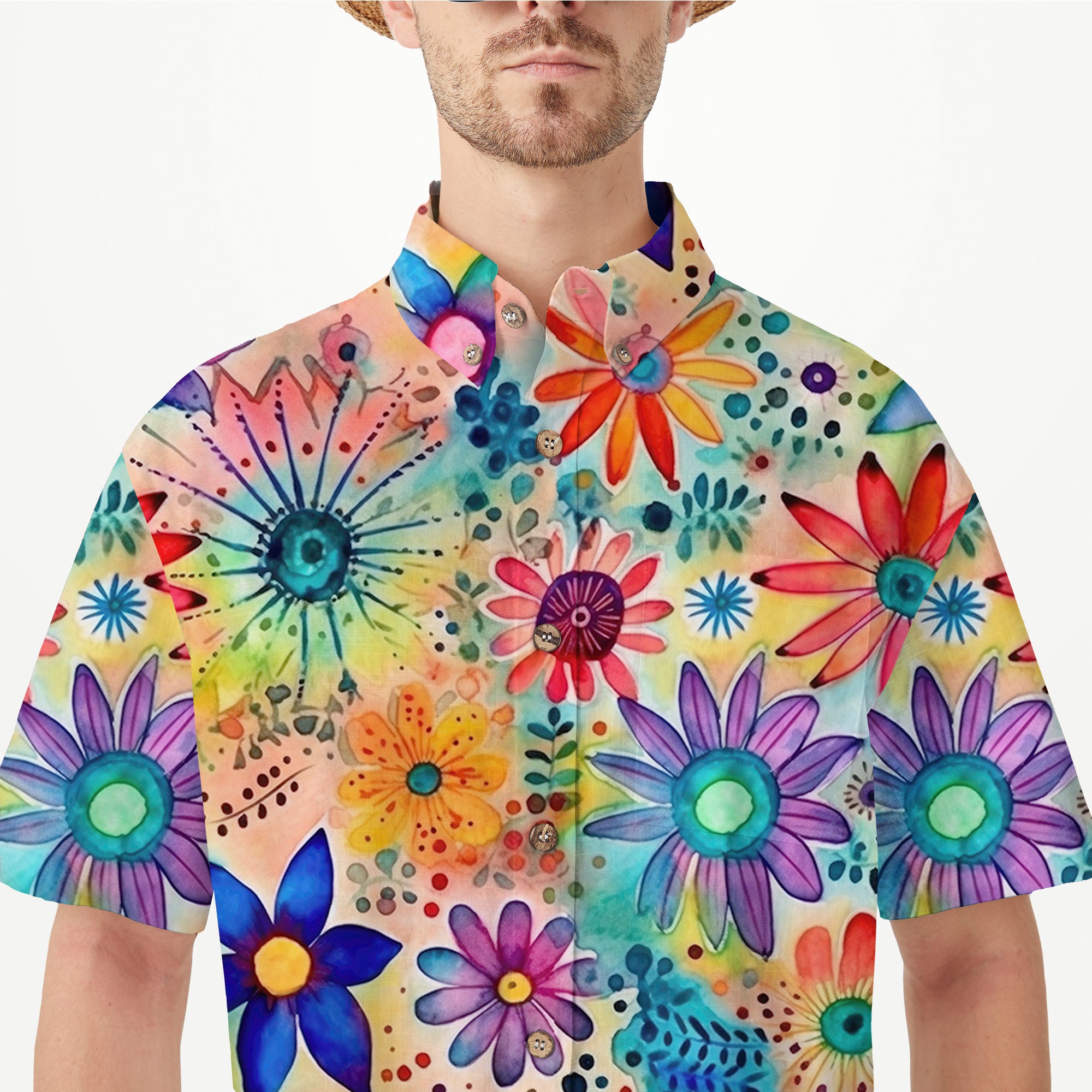 Hippie Flowers Seamless Patterns Hawaii Shirt, Groovy Floral Pattern Hawaiian Shirt