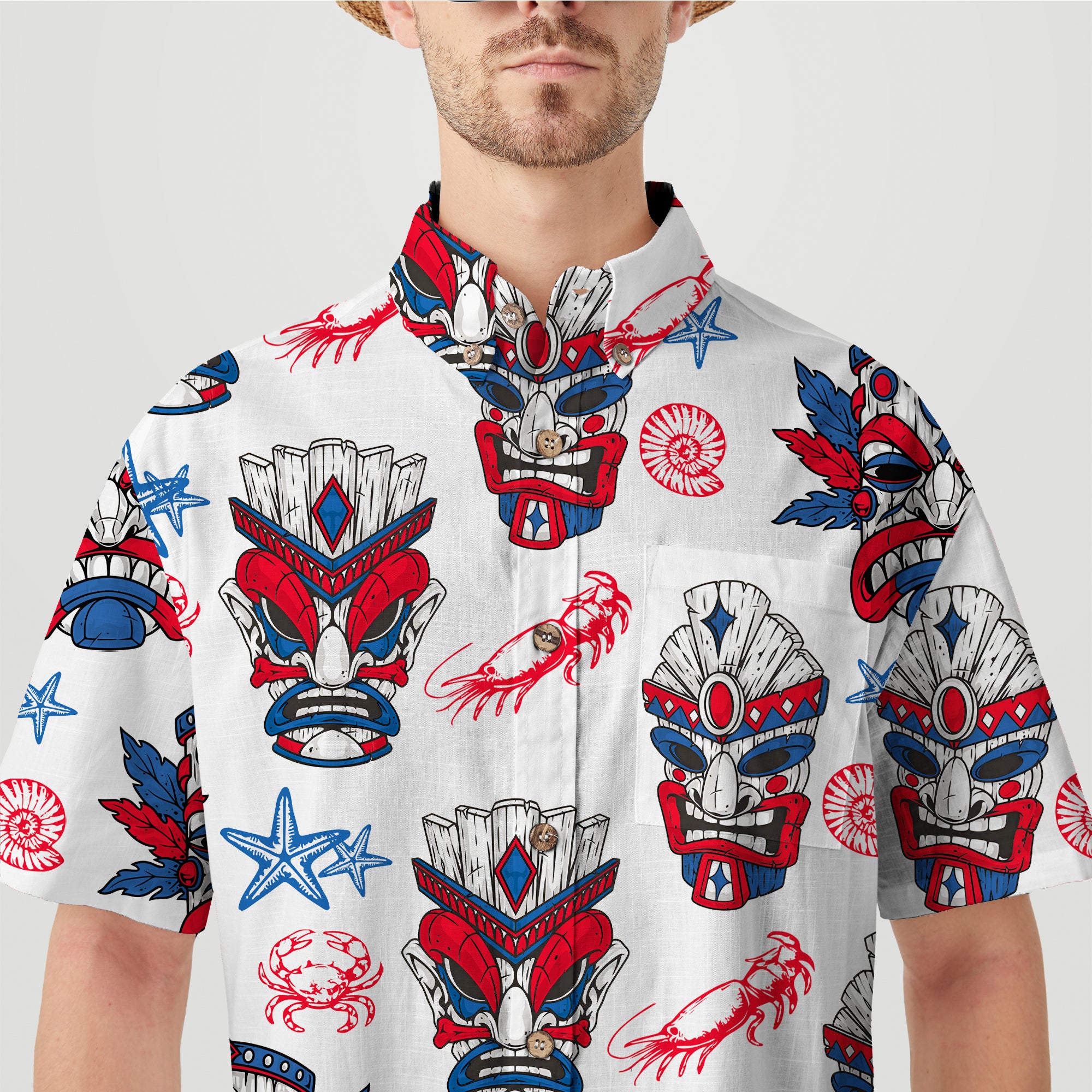 Tiki Mask US Flag Independence Day  - Cotton Hawaii Shirt