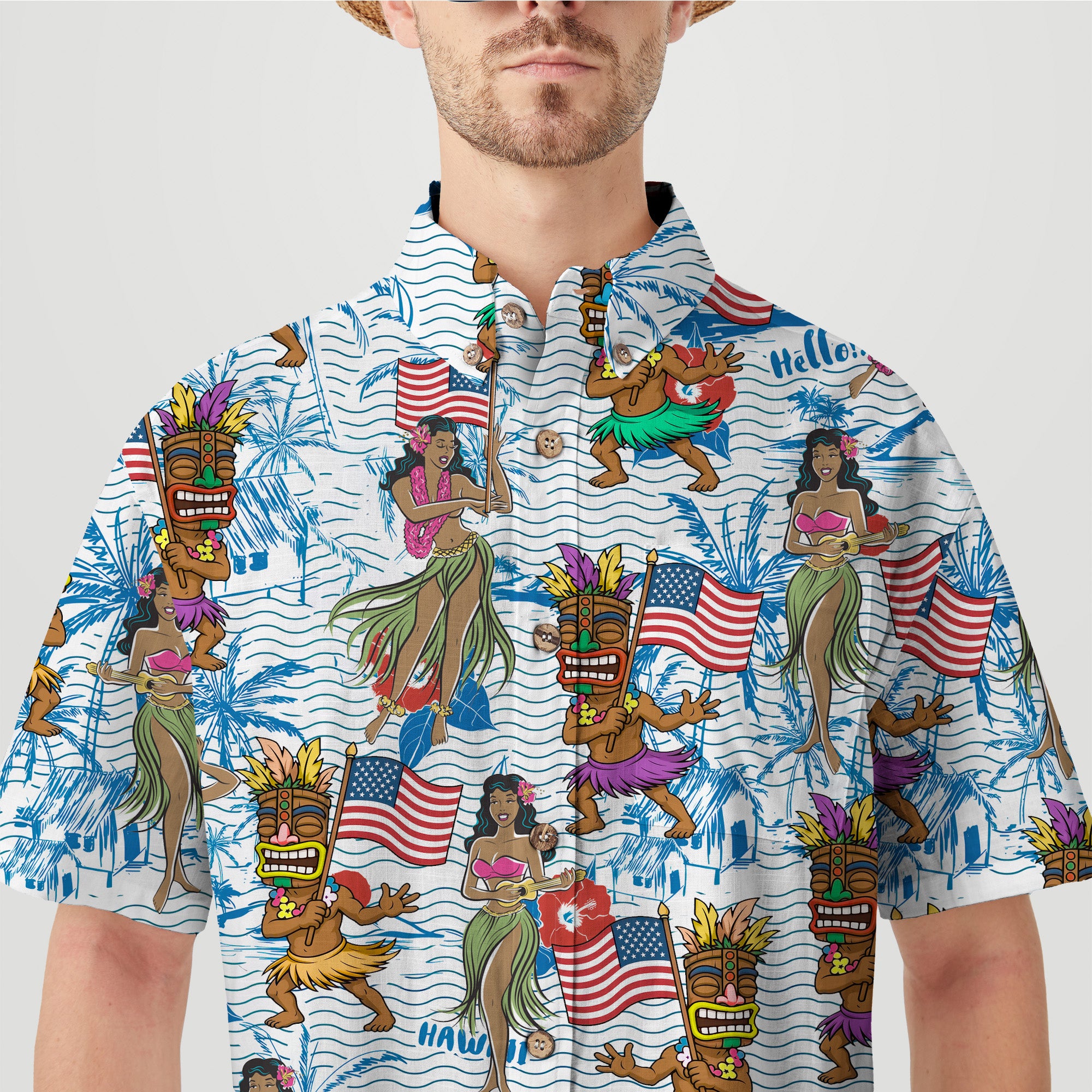 Tiki Mask Hula Dance Independence Day of USA - Cotton Hawaii Shirt
