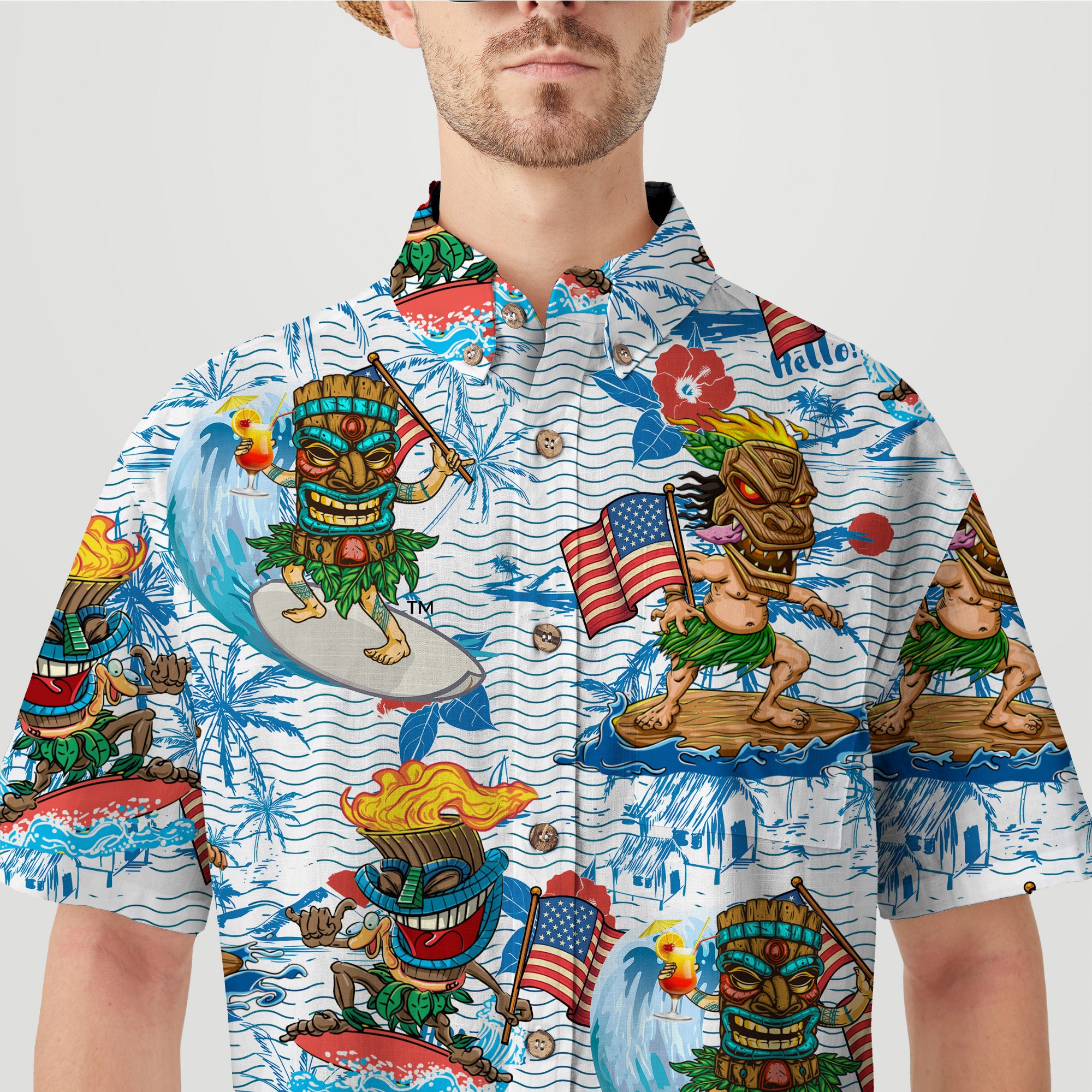 Tiki Mask Surfing Independence Day of USA - Cotton Hawaii Shirt