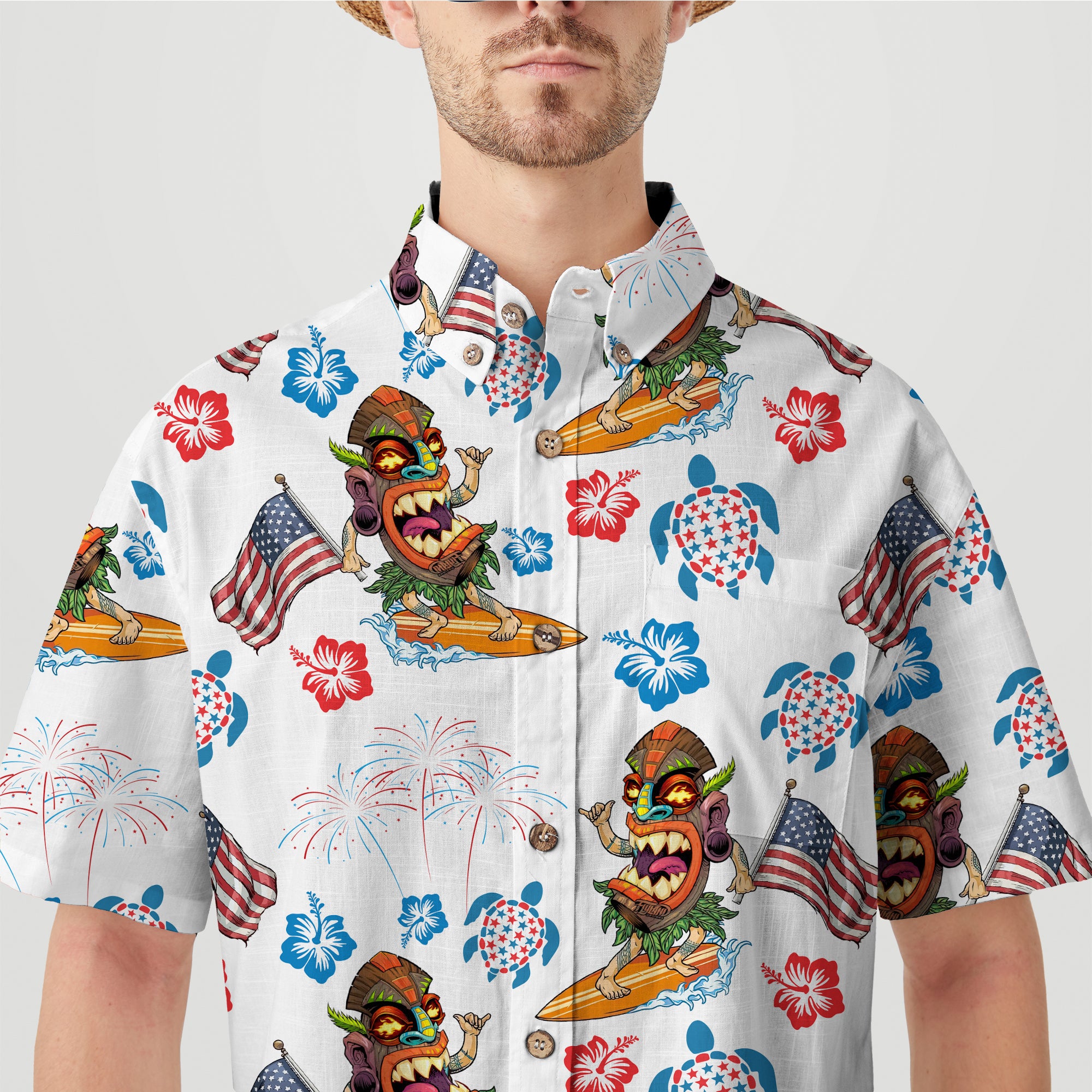 Tiki Mask Surfing Independence Day of USA - Cotton Hawaii Shirt