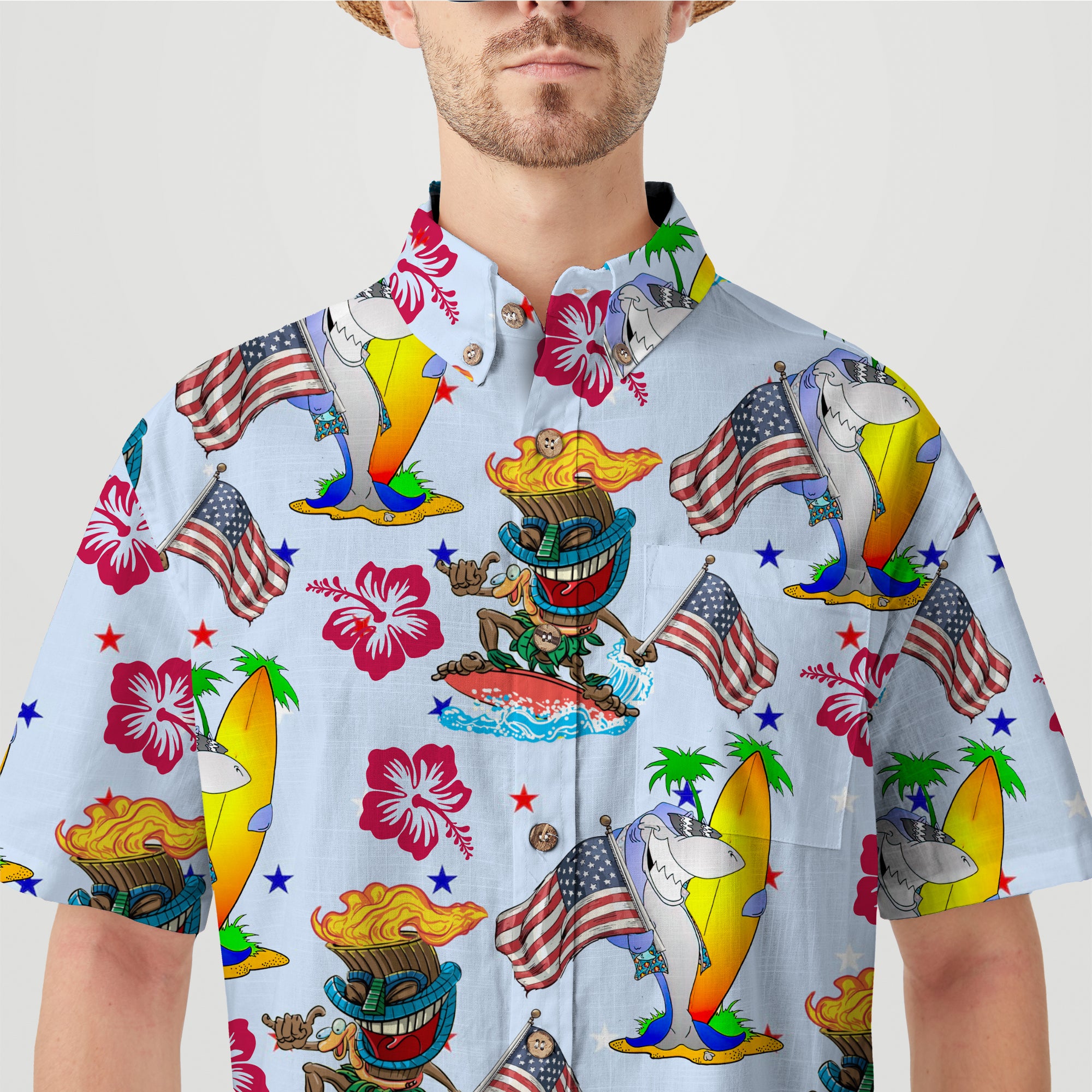 Tiki Mask Shark Independence Day  - Cotton Hawaii Shirt