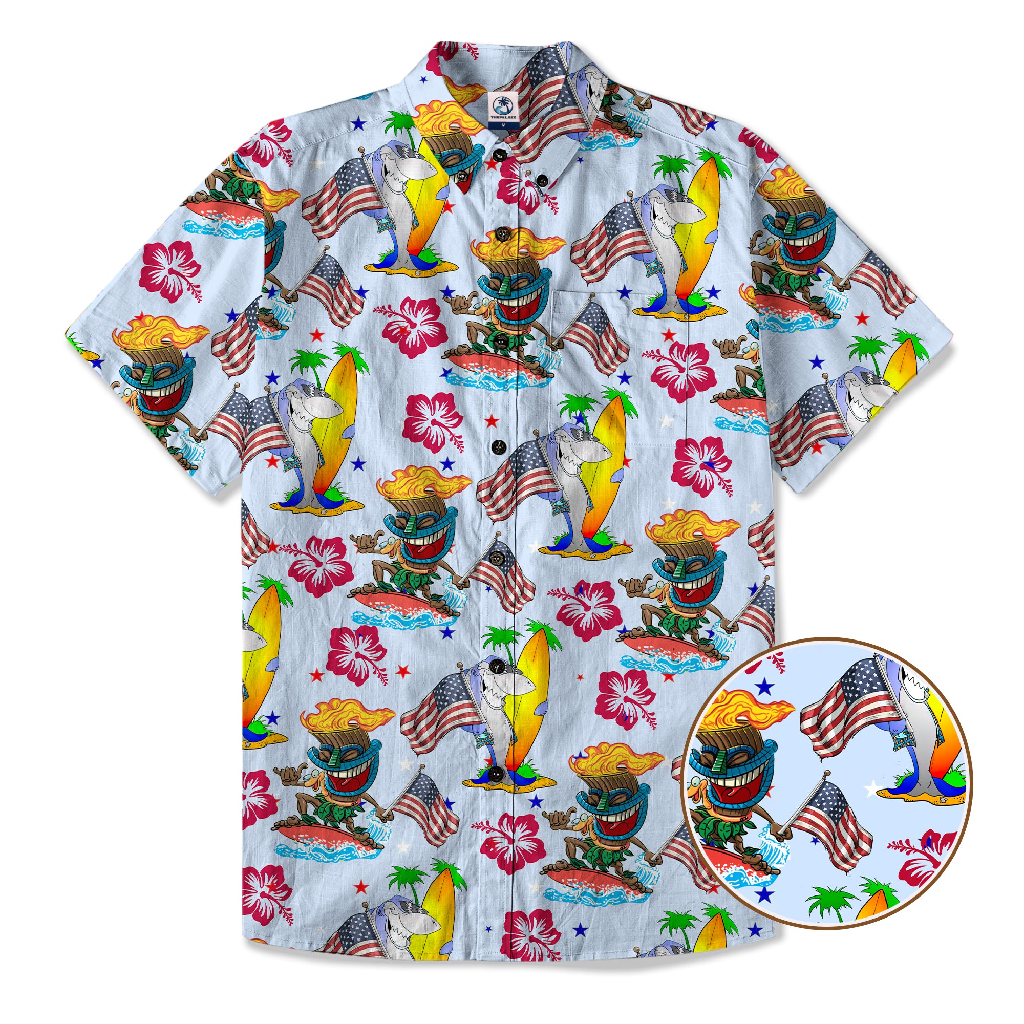 Tiki Mask Shark Independence Day  - Cotton Hawaii Shirt