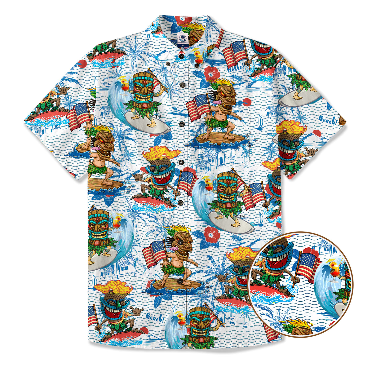 Tiki Mask Surfing Independence Day of USA - Cotton Hawaii Shirt