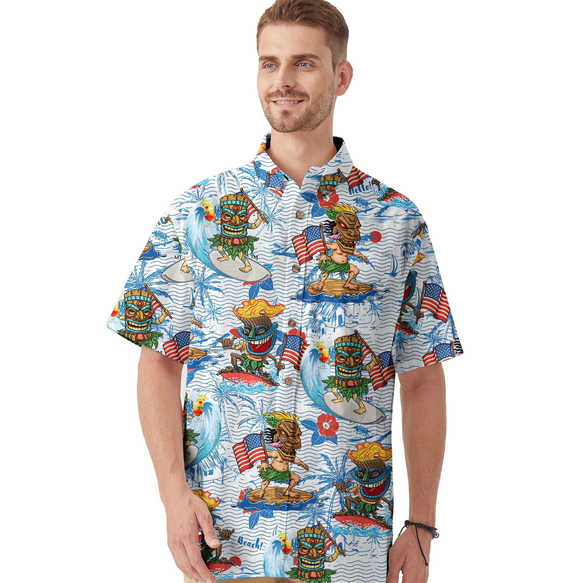 Tiki Mask Surfing Independence Day of USA - Cotton Hawaii Shirt