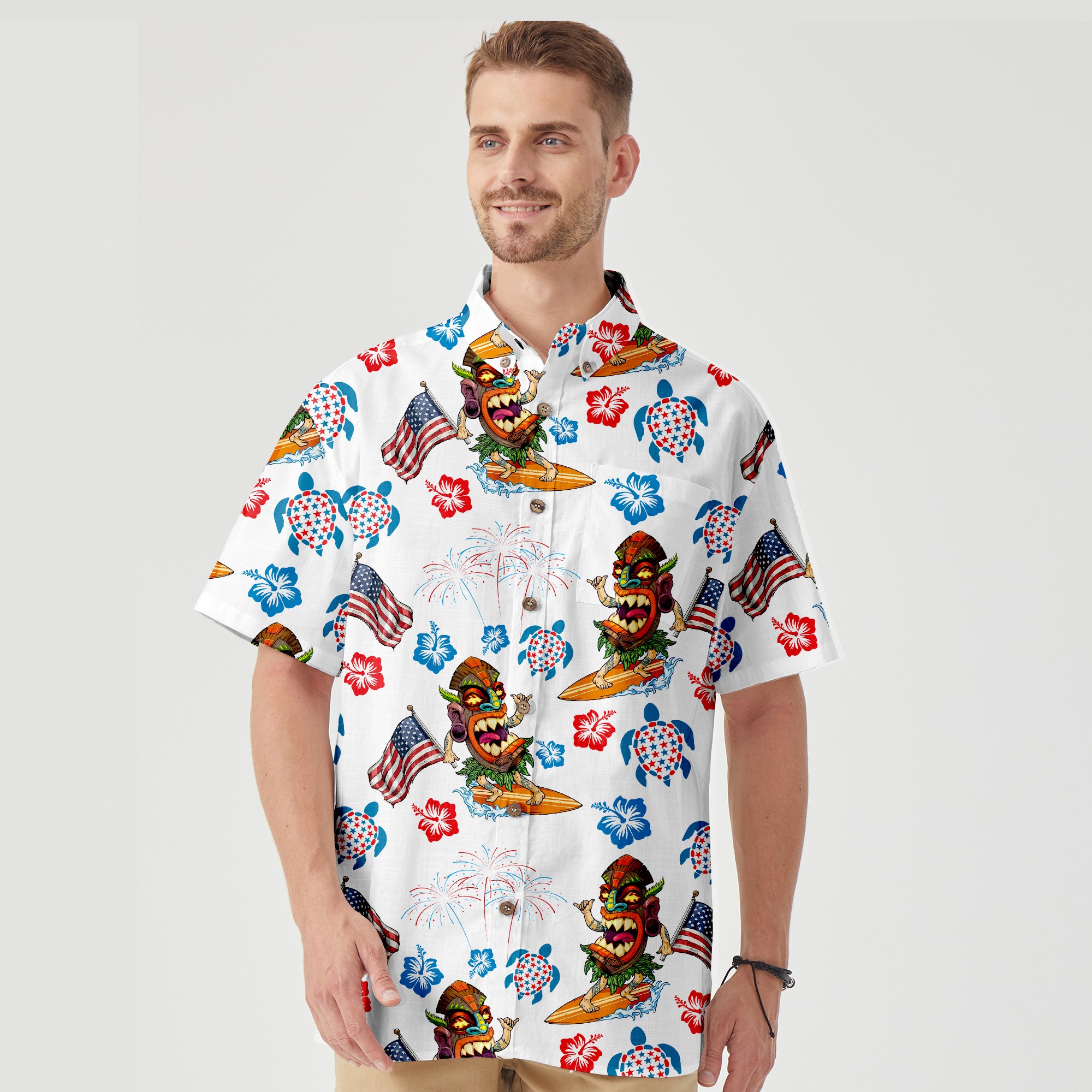 Tiki Mask Surfing Independence Day of USA - Cotton Hawaii Shirt