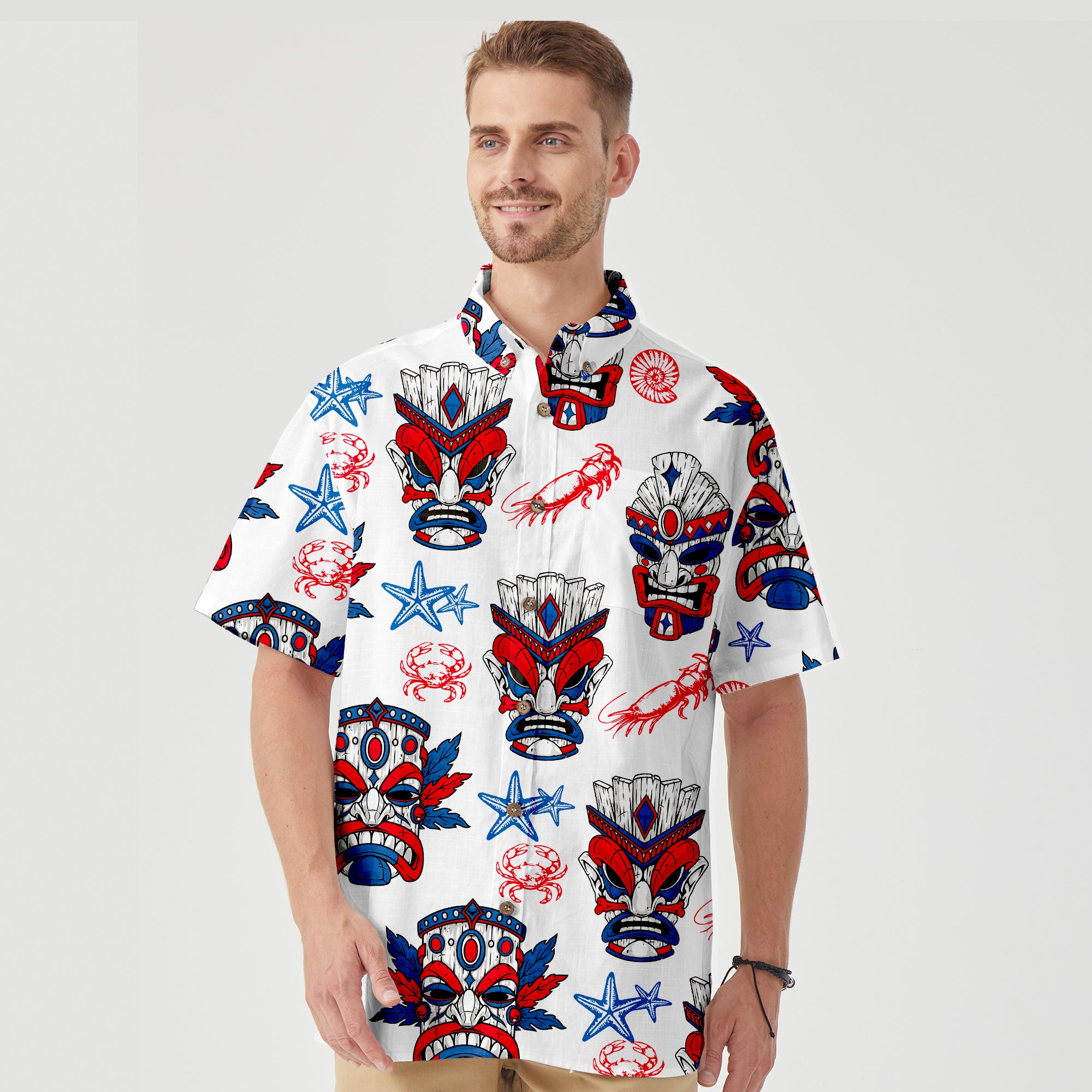 Tiki Mask US Flag Independence Day  - Cotton Hawaii Shirt