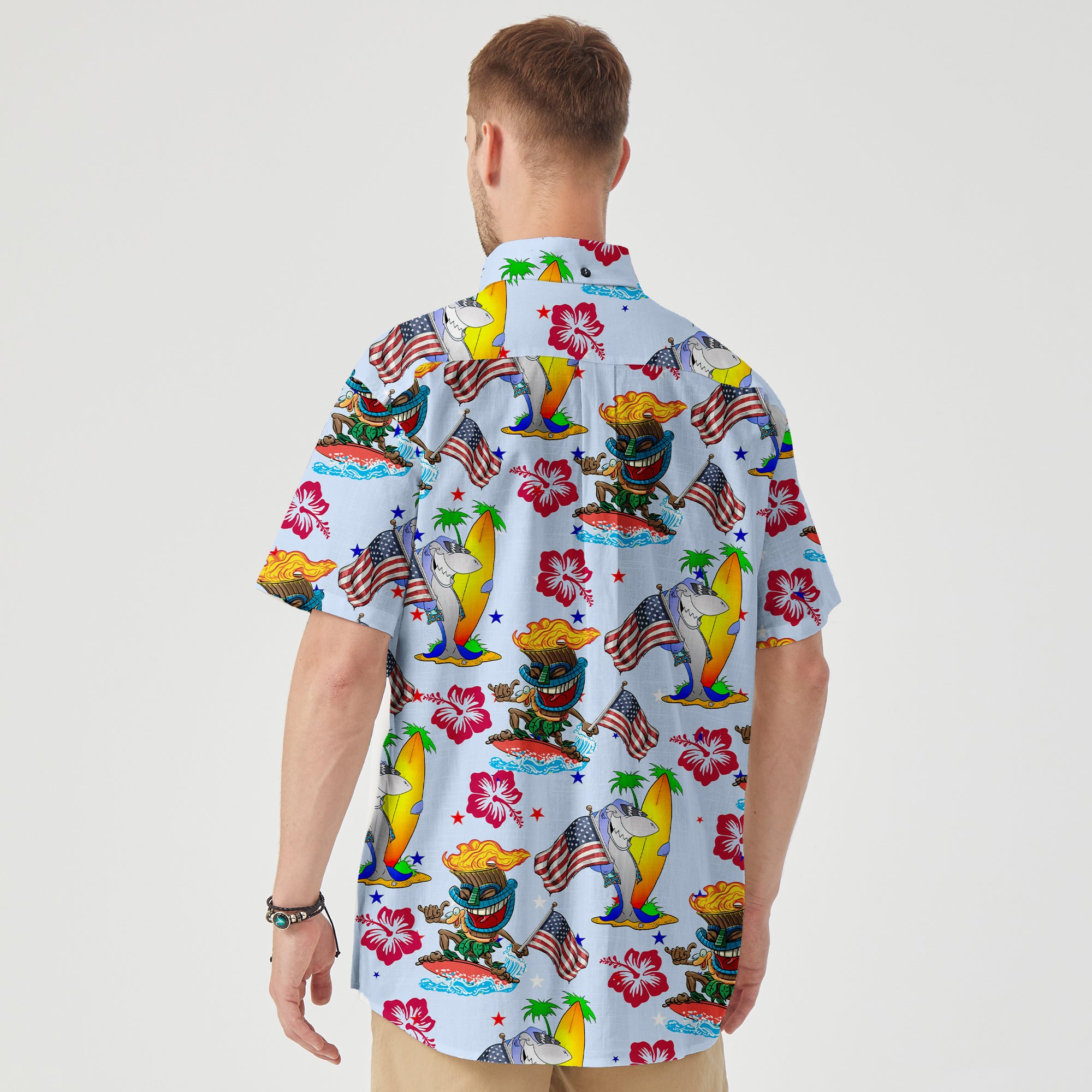 Tiki Mask Shark Independence Day  - Cotton Hawaii Shirt