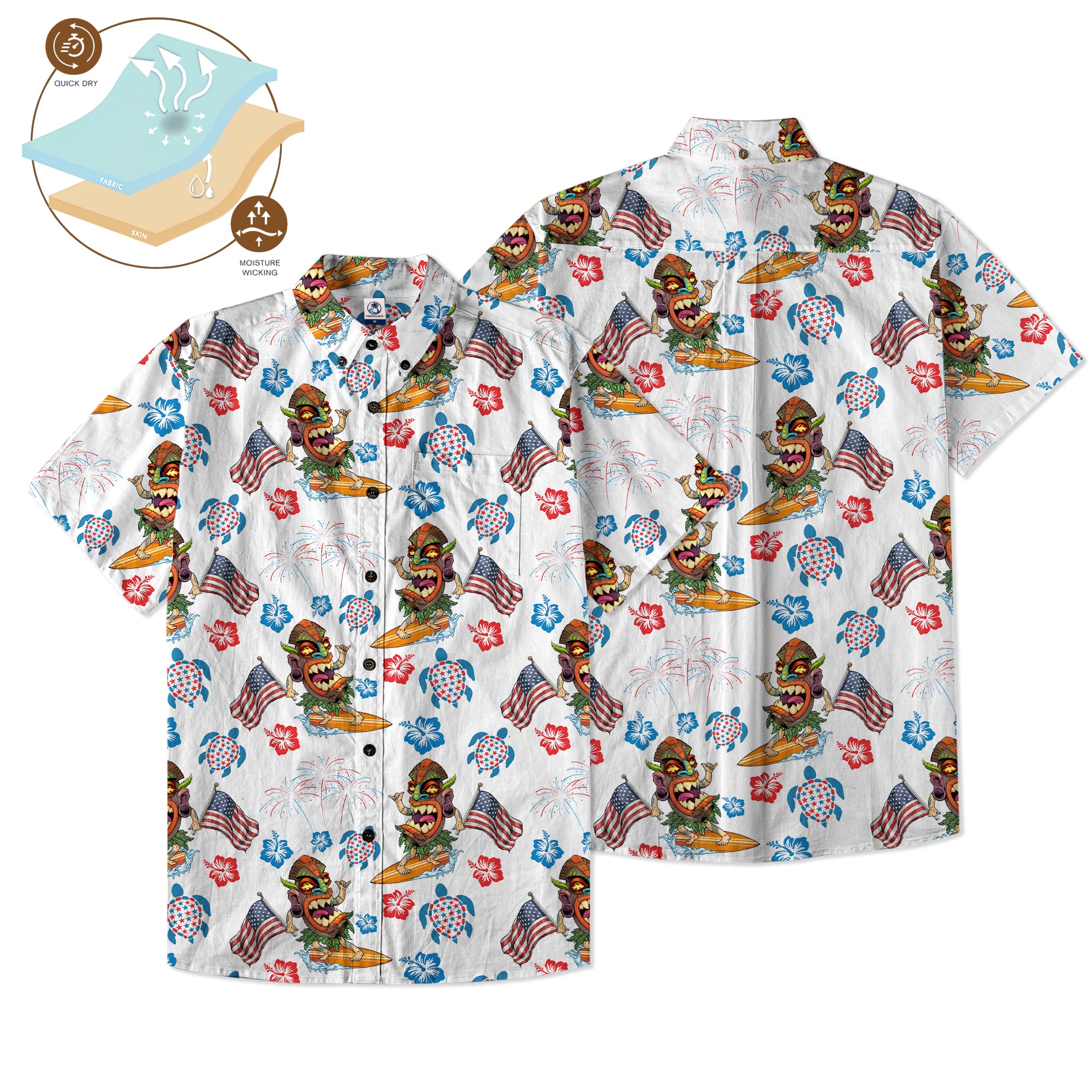 Tiki Mask Surfing Independence Day of USA - Cotton Hawaii Shirt