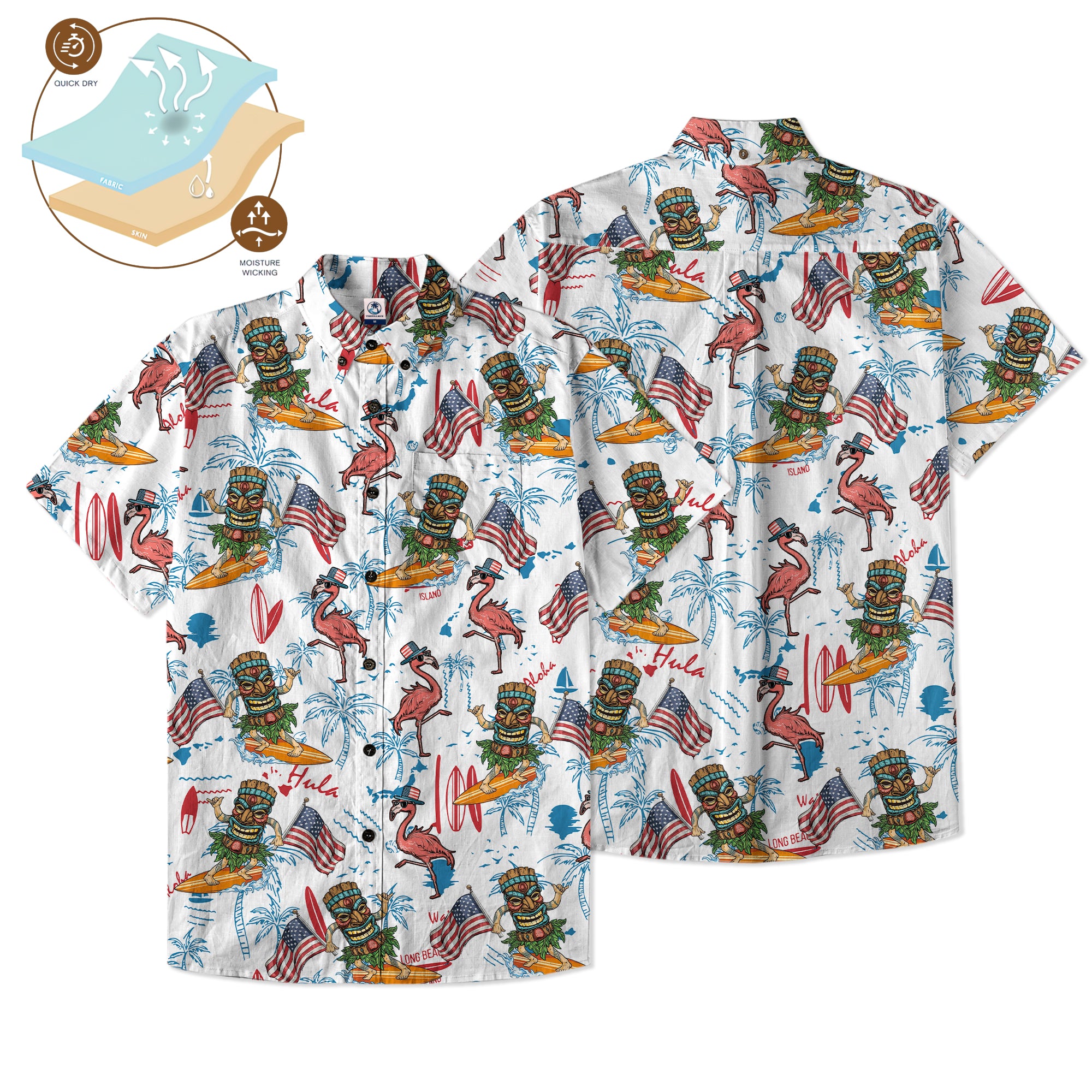 Tiki Mask USA Flag Independence Day  - Cotton Hawaii Shirt