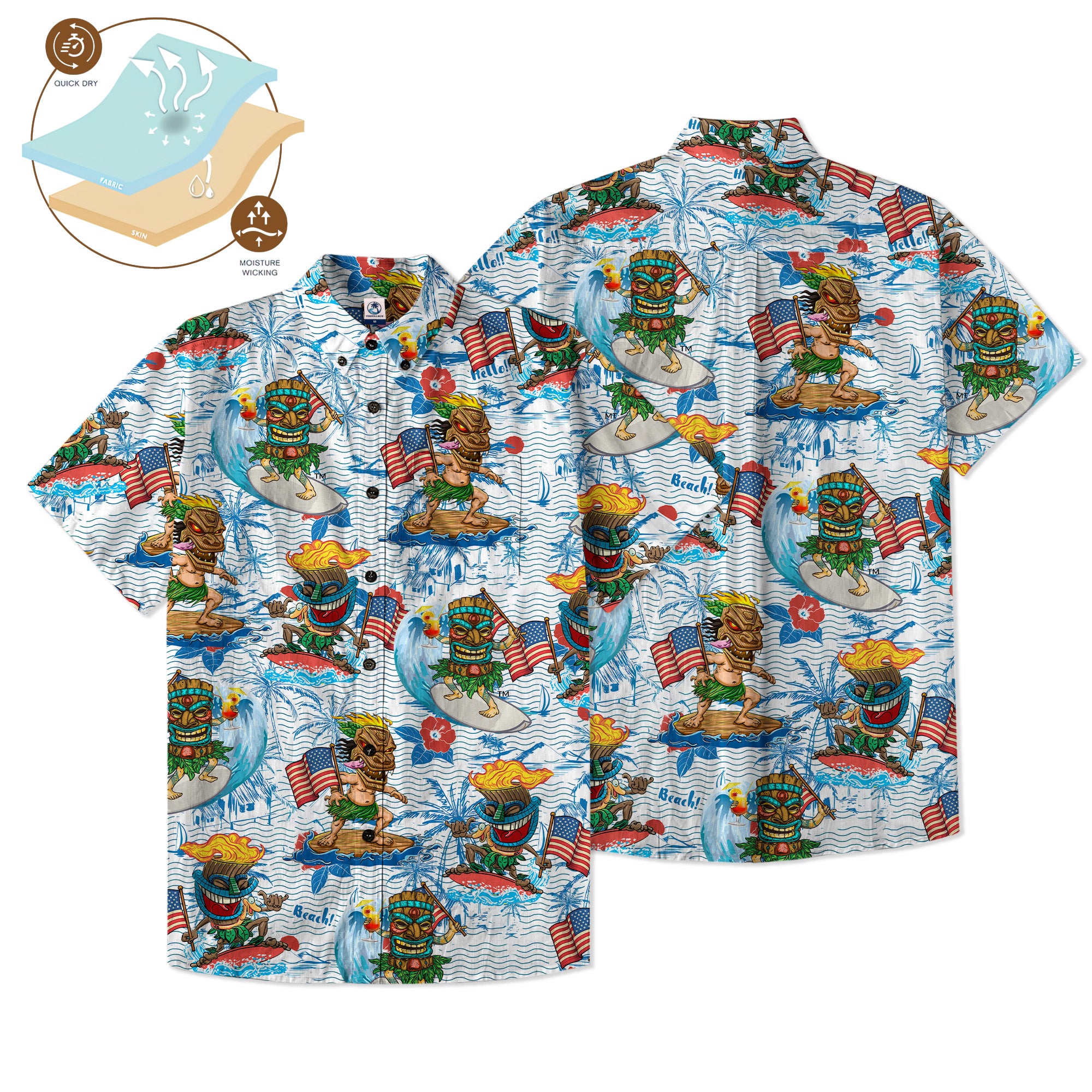 Tiki Mask Surfing Independence Day of USA - Cotton Hawaii Shirt