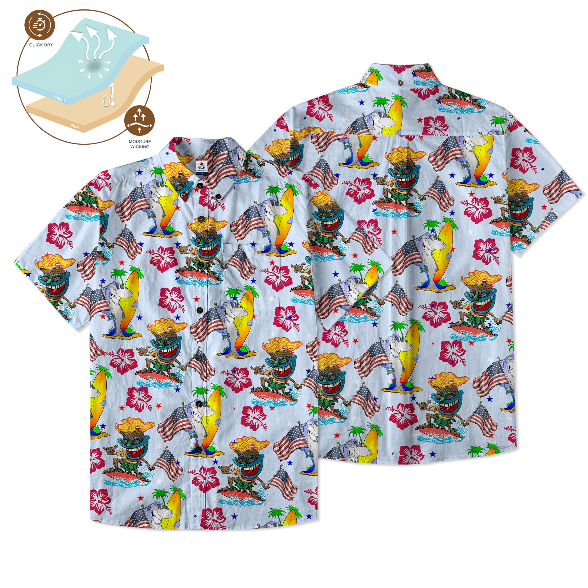Tiki Mask Shark Independence Day  - Cotton Hawaii Shirt