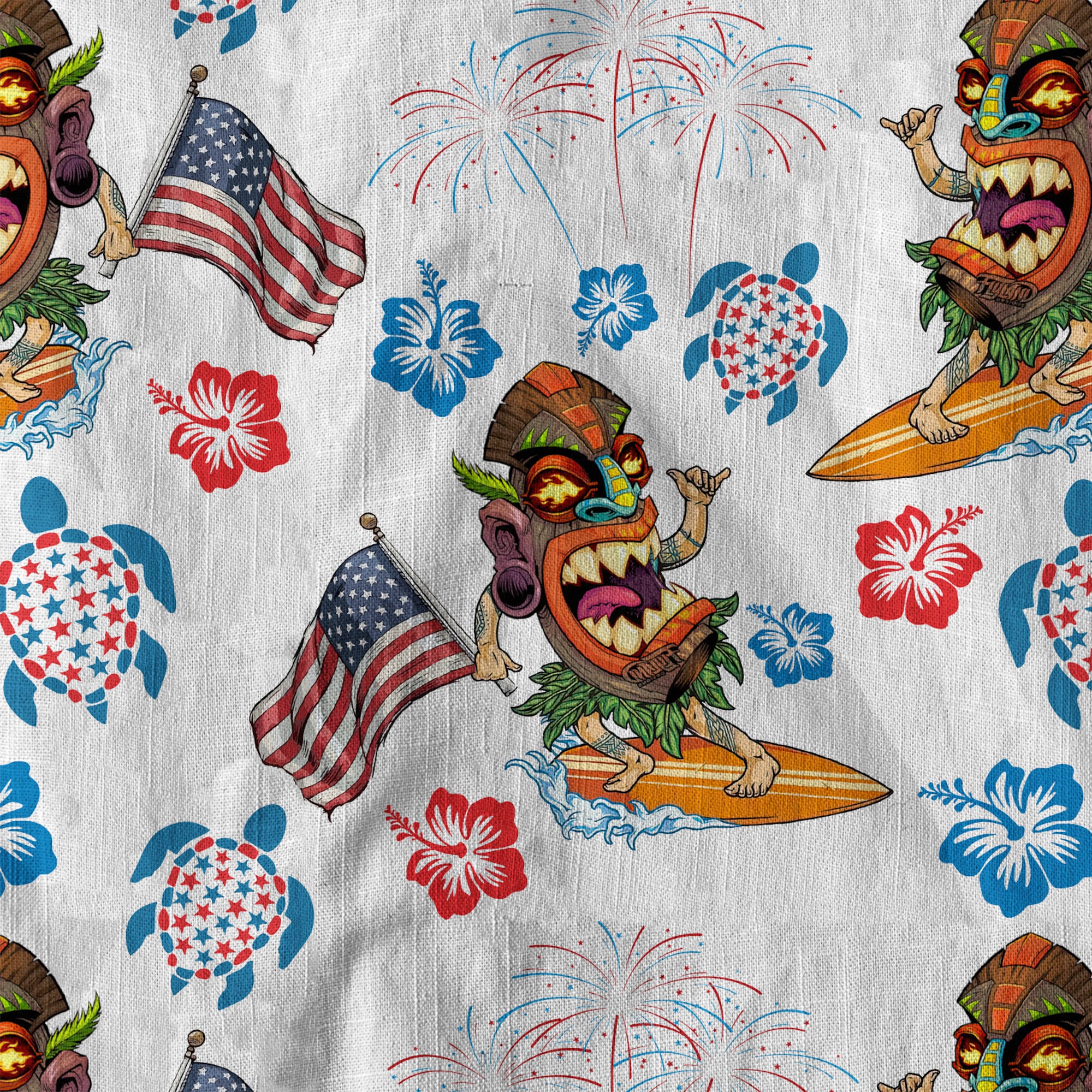 Tiki Mask Surfing Independence Day of USA - Cotton Hawaii Shirt