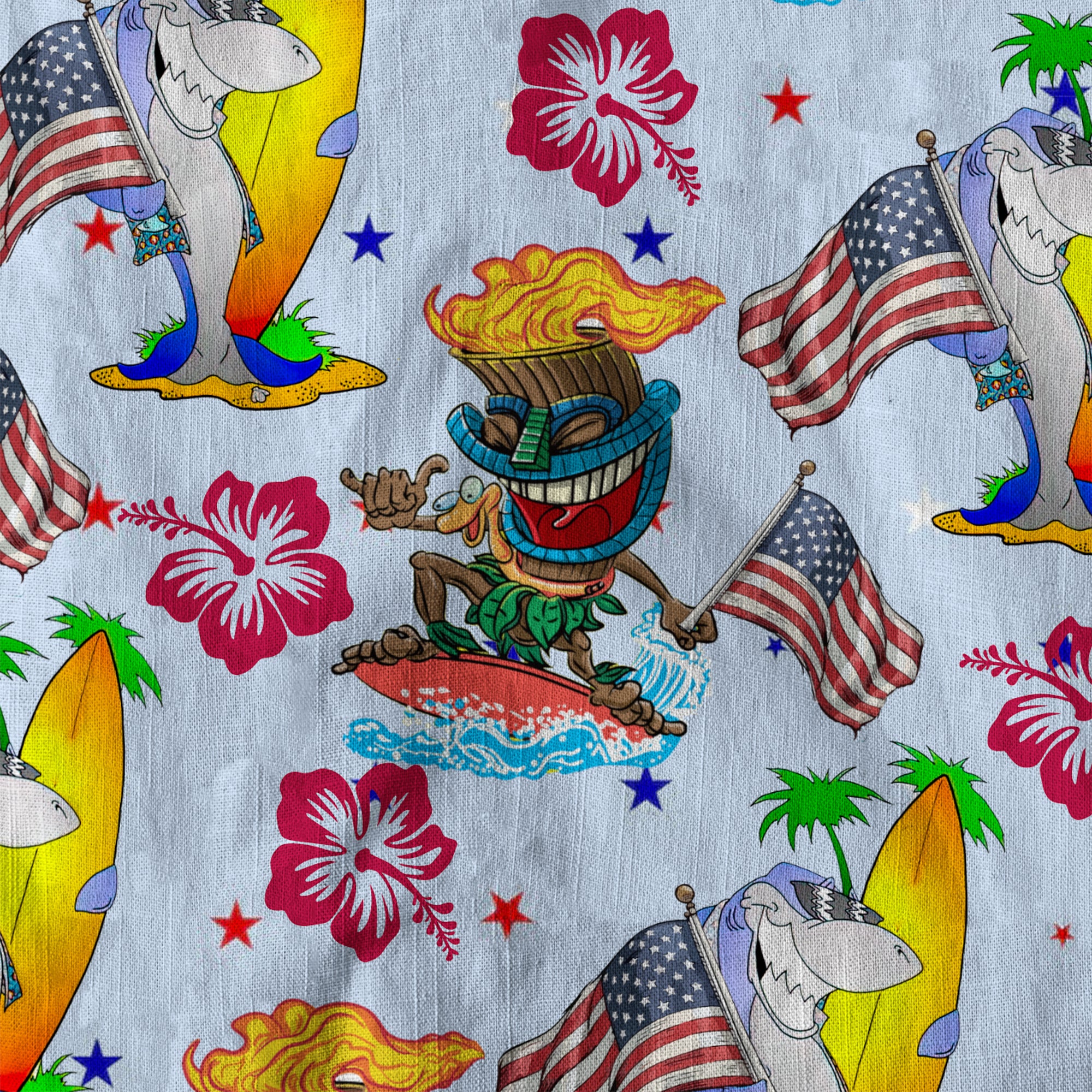 Tiki Mask Shark Independence Day  - Cotton Hawaii Shirt