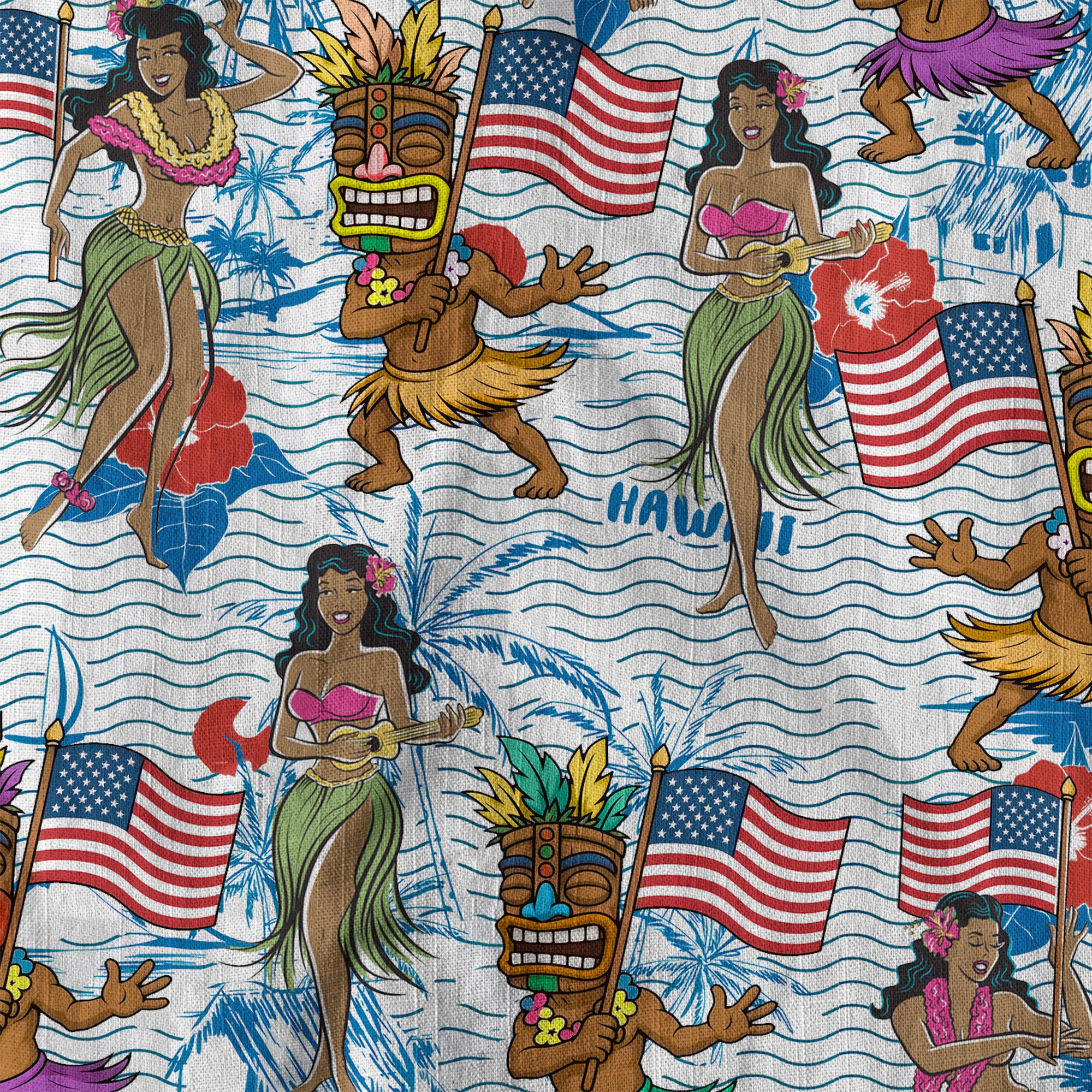 Tiki Mask Hula Dance Independence Day of USA - Cotton Hawaii Shirt