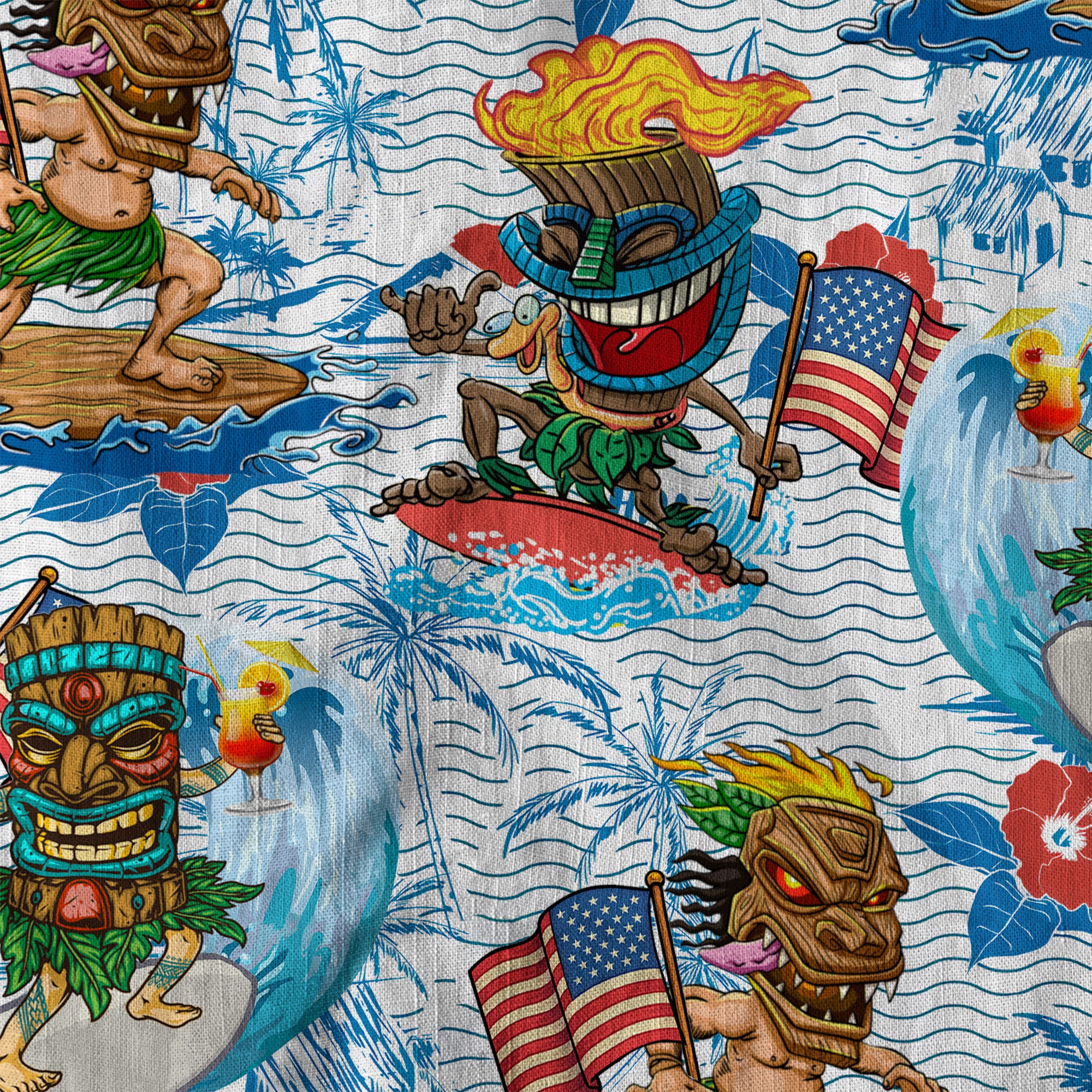 Tiki Mask Surfing Independence Day of USA - Cotton Hawaii Shirt