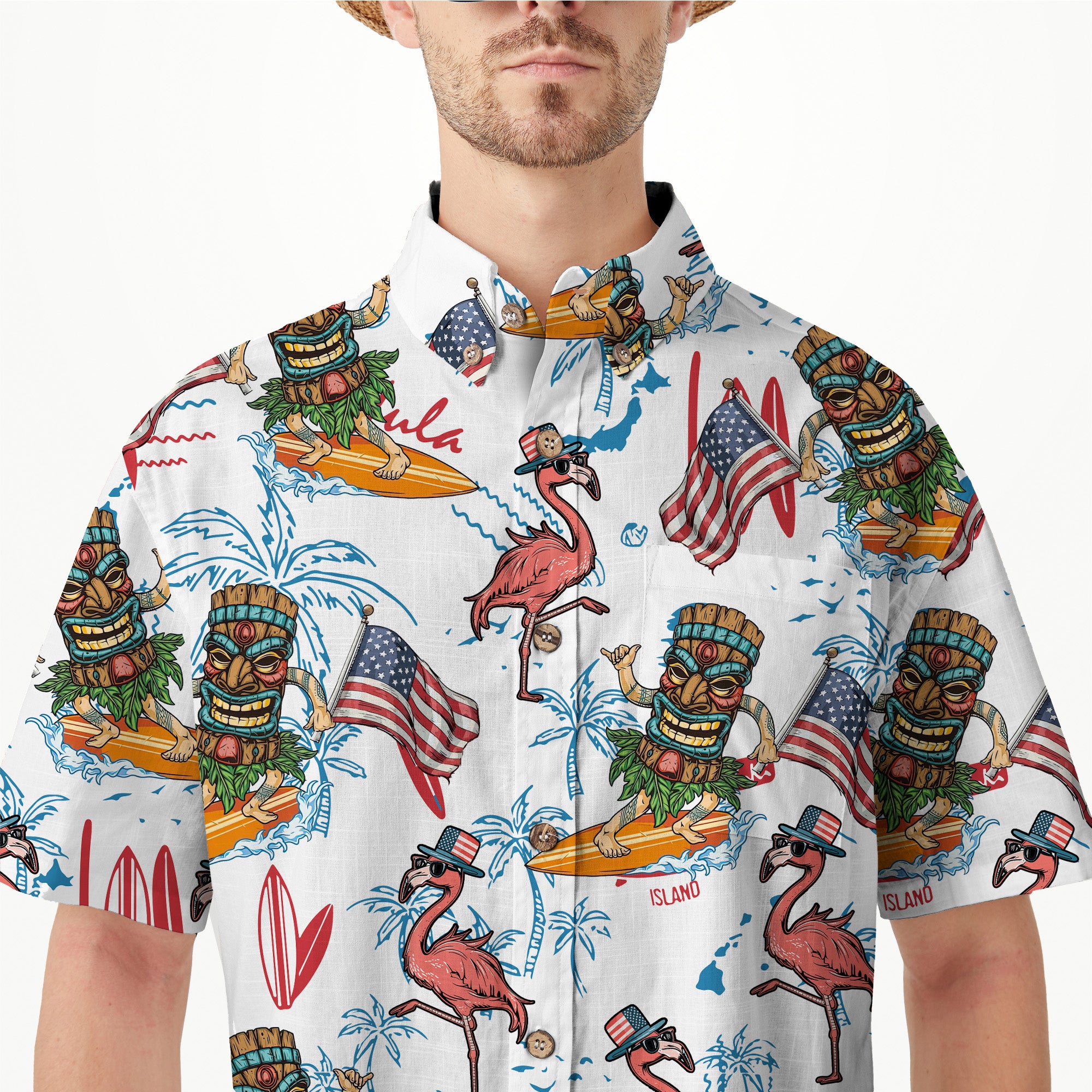 Tiki Mask USA Flag Independence Day  - Cotton Hawaii Shirt
