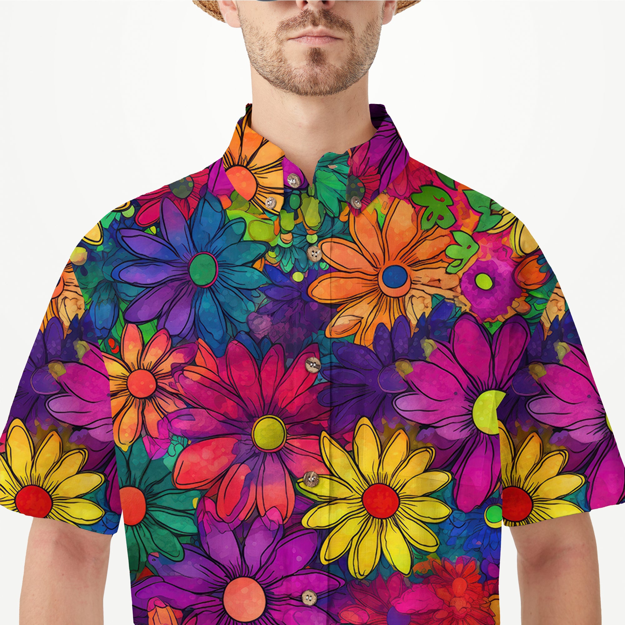 Hippie Flowers Seamless Patterns Hawaii Shirt, Groovy Floral Pattern Hawaiian Shirt