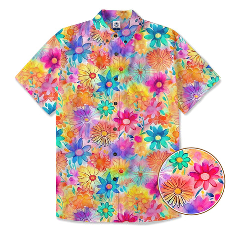 Hippie Flowers Seamless Patterns Hawaii Shirt, Groovy Floral Pattern Hawaiian Shirt