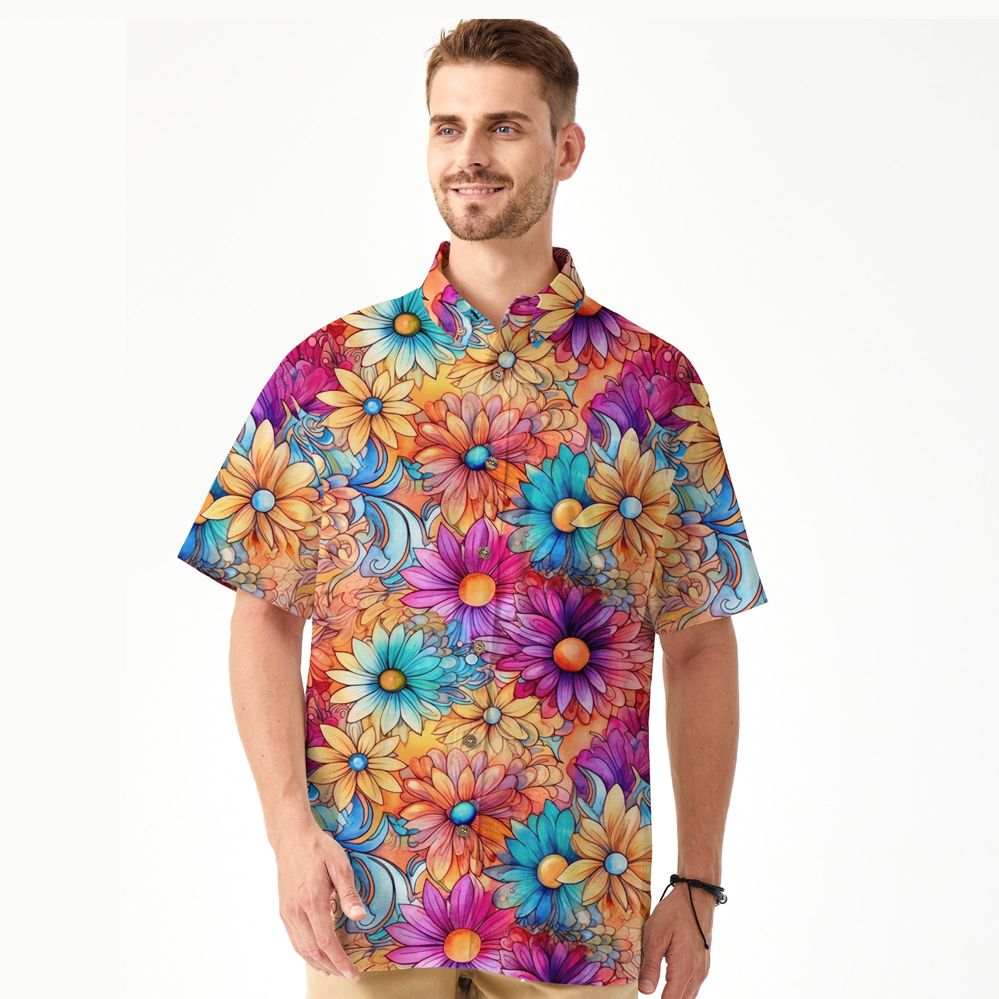 Hippie Flowers Seamless Patterns Hawaii Shirt, Groovy Floral Pattern Hawaiian Shirt