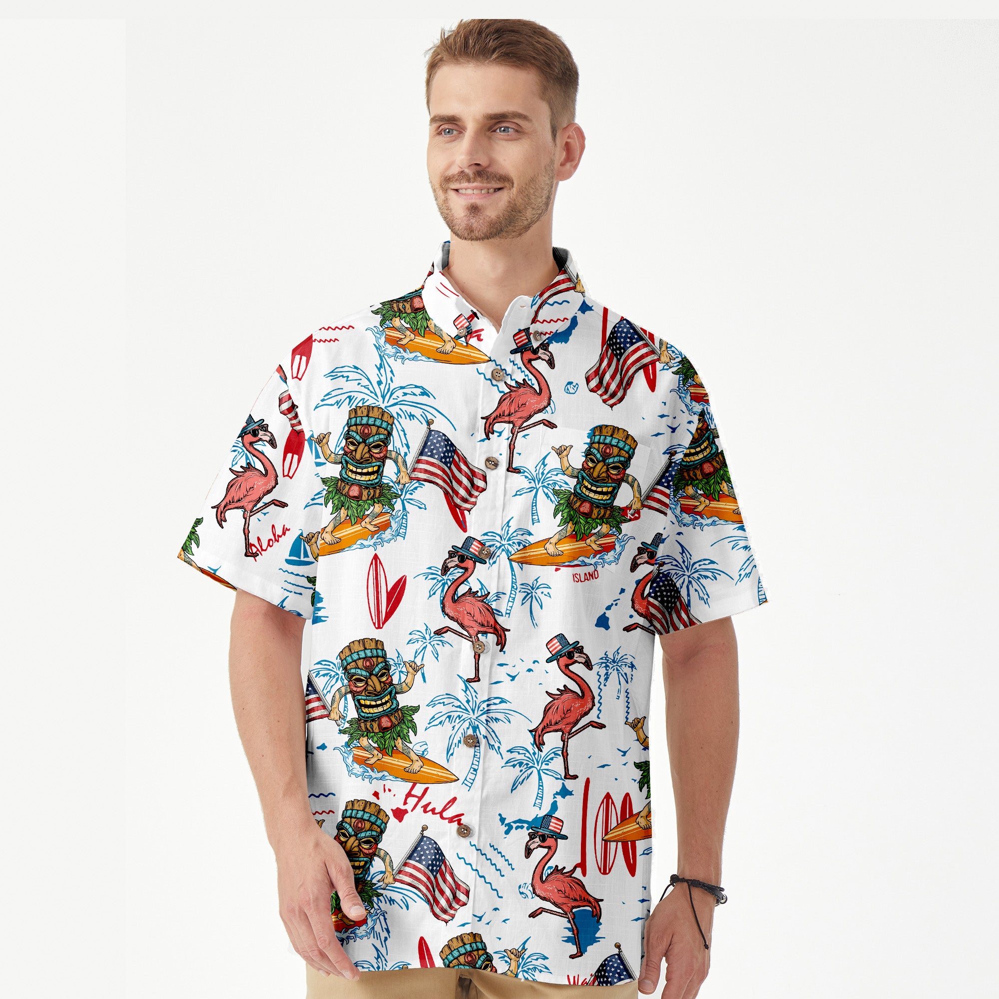 Tiki Mask USA Flag Independence Day  - Cotton Hawaii Shirt