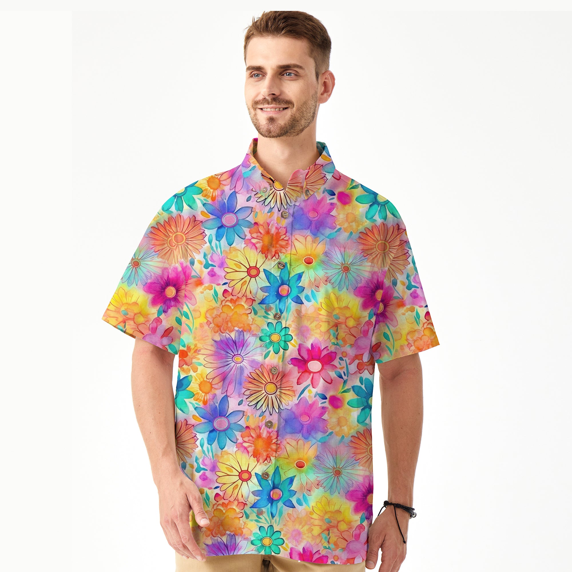 Hippie Flowers Seamless Patterns Hawaii Shirt, Groovy Floral Pattern Hawaiian Shirt