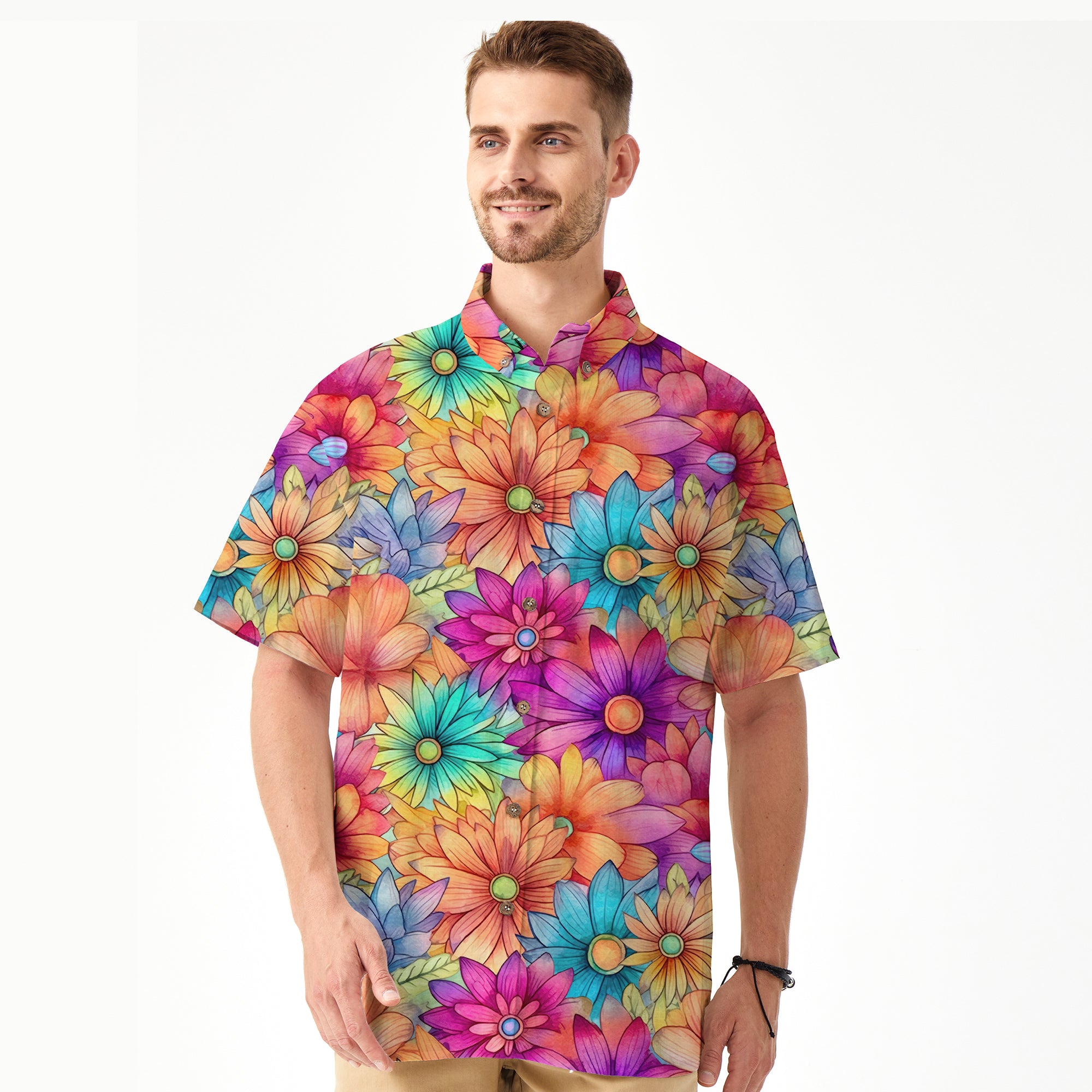 Hippie Flowers Seamless Patterns Hawaii Shirt, Groovy Floral Pattern Hawaiian Shirt
