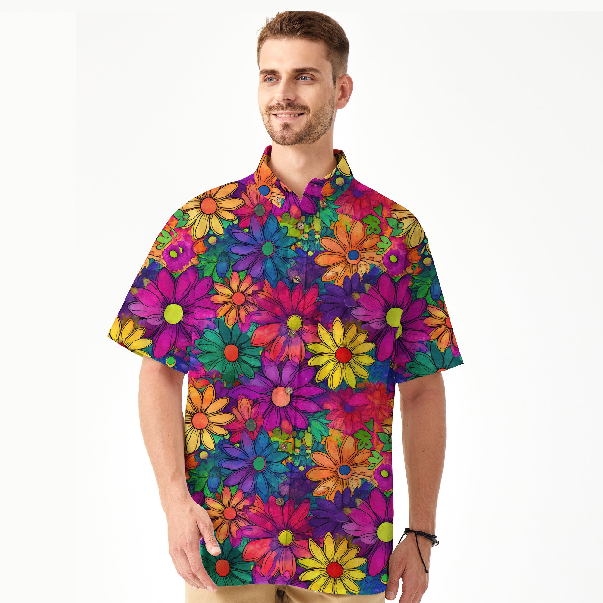 Hippie Flowers Seamless Patterns Hawaii Shirt, Groovy Floral Pattern Hawaiian Shirt