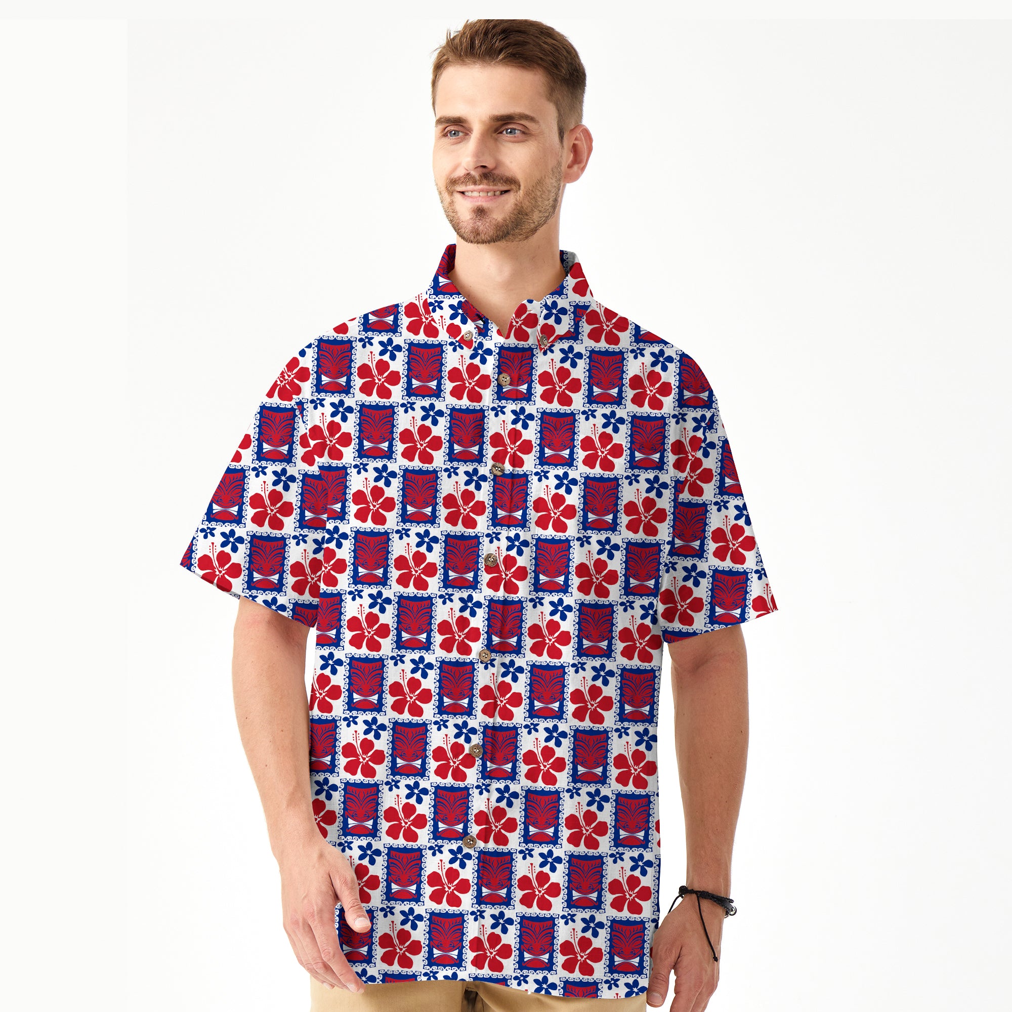 Tiki US Flag Independence Day  - Cotton Hawaii Shirt