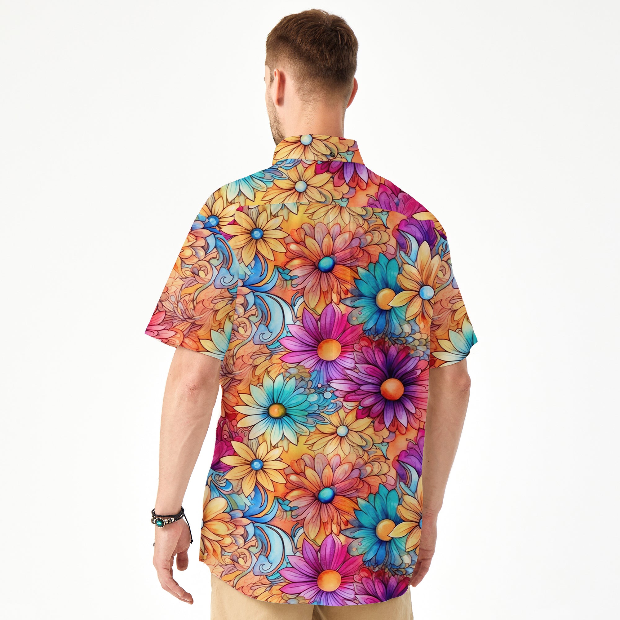 Hippie Flowers Seamless Patterns Hawaii Shirt, Groovy Floral Pattern Hawaiian Shirt