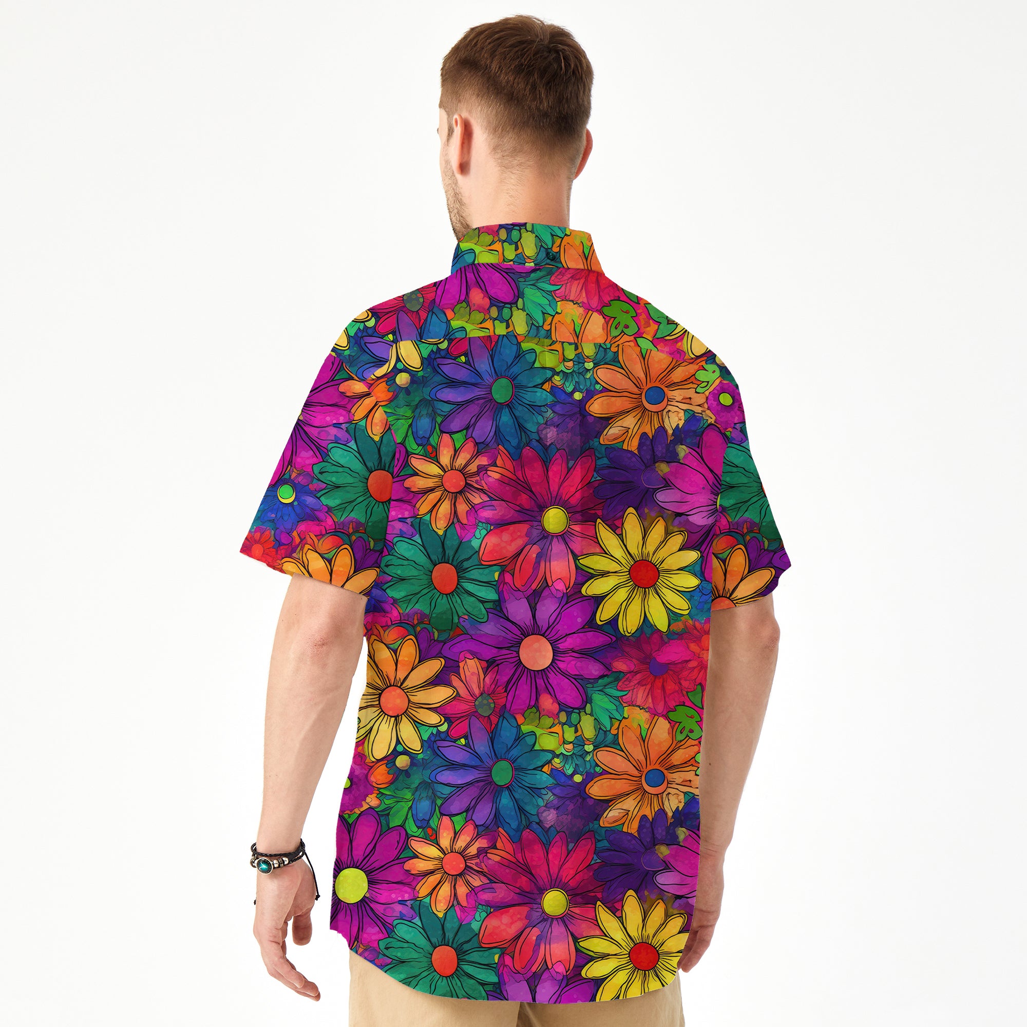 Hippie Flowers Seamless Patterns Hawaii Shirt, Groovy Floral Pattern Hawaiian Shirt