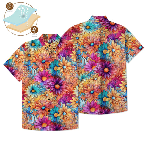 Hippie Flowers Seamless Patterns Hawaii Shirt, Groovy Floral Pattern Hawaiian Shirt