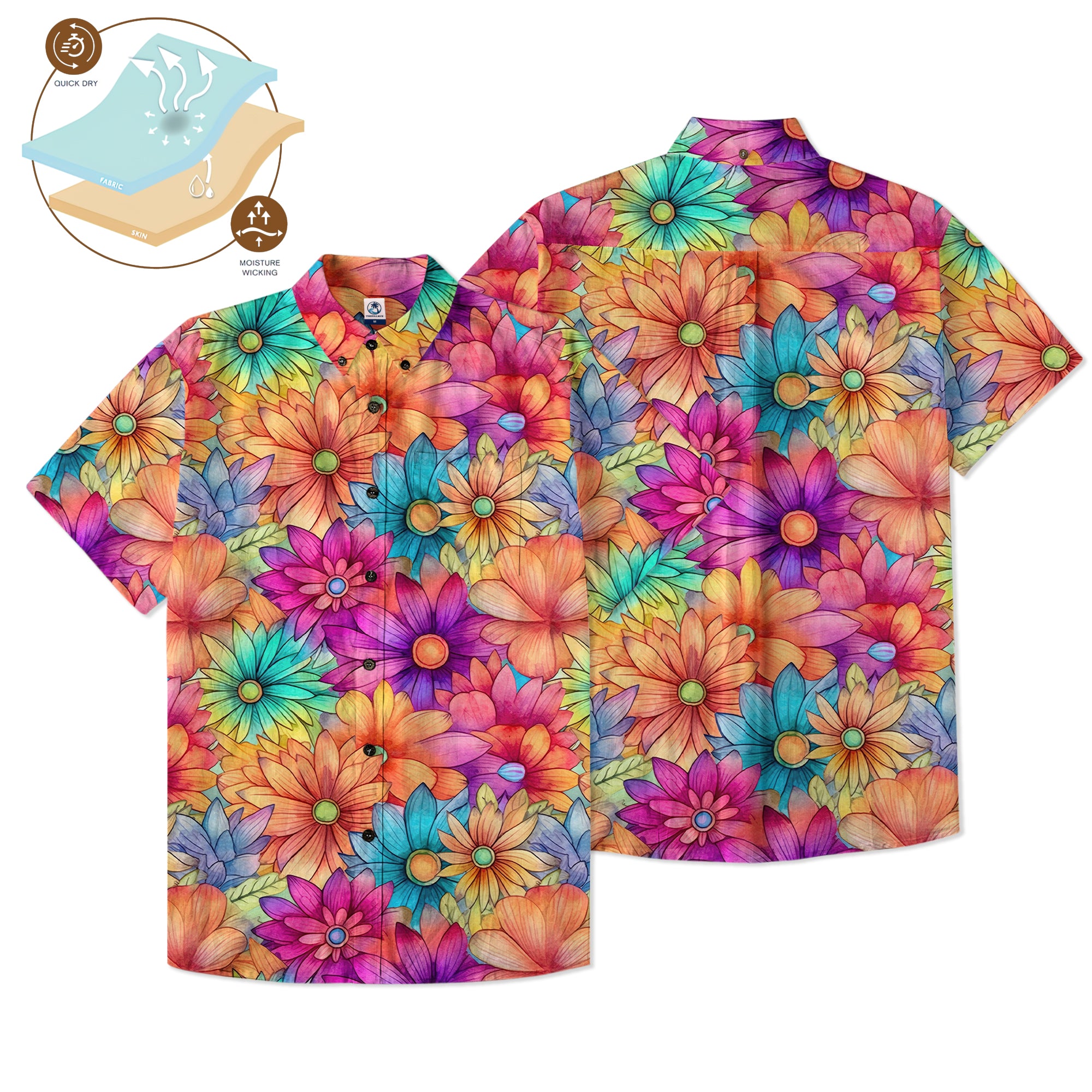 Hippie Flowers Seamless Patterns Hawaii Shirt, Groovy Floral Pattern Hawaiian Shirt