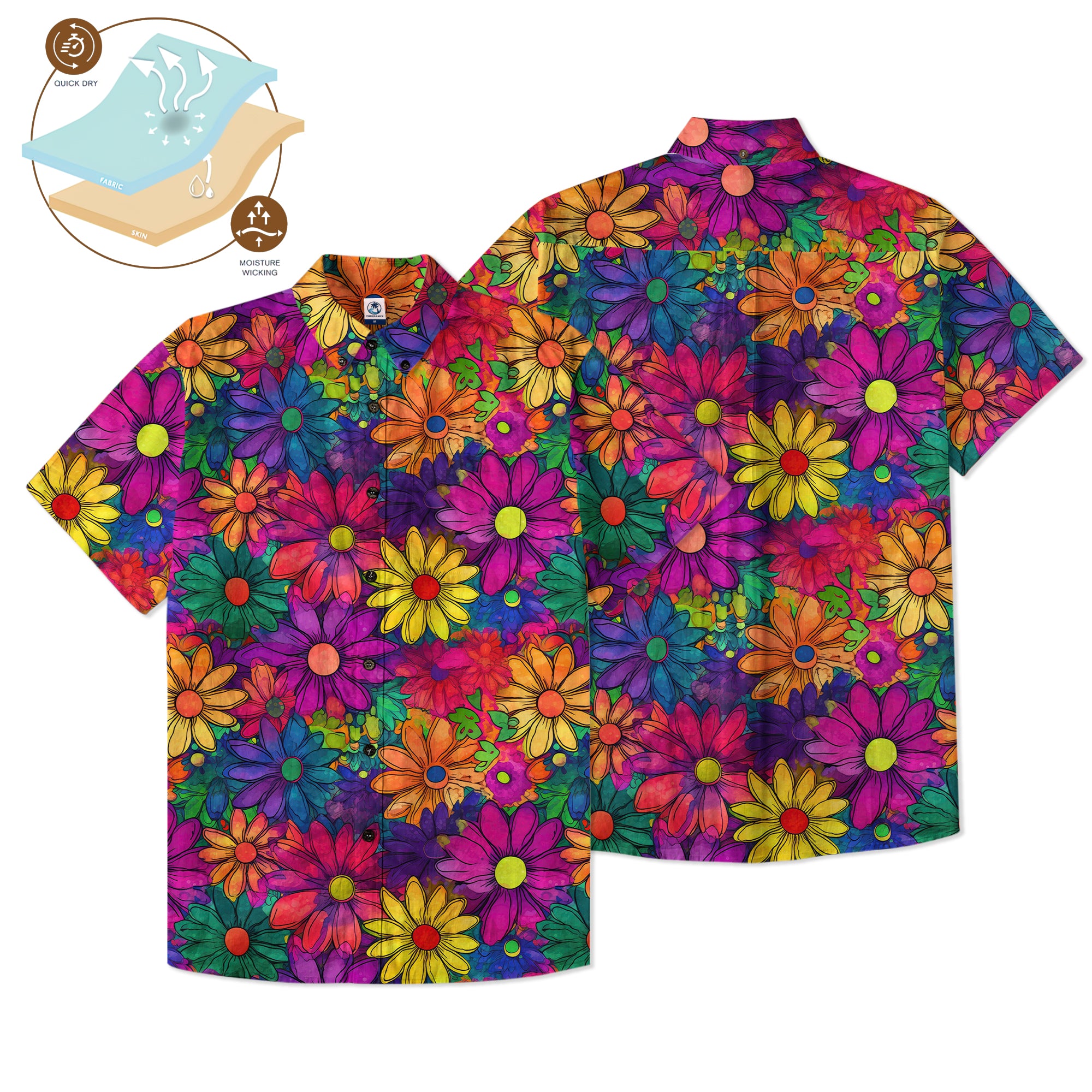 Hippie Flowers Seamless Patterns Hawaii Shirt, Groovy Floral Pattern Hawaiian Shirt